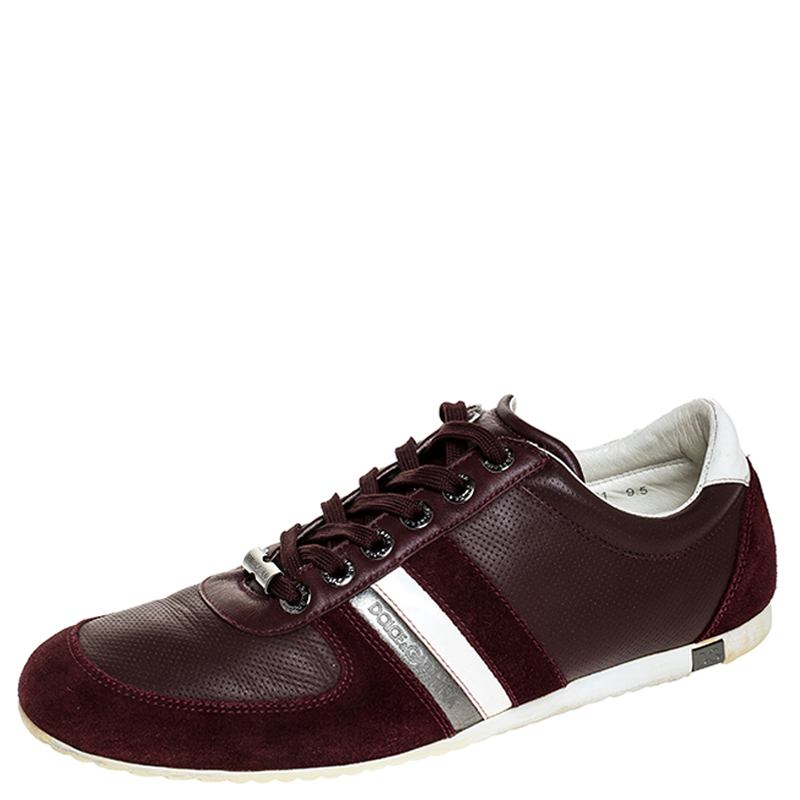 Dolce & gabbana burgundy leather and suede metal logo sneakers size 43.5