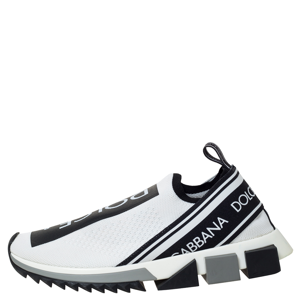 Dolce &amp; Gabbana White/Black Stretch Fabric Logo Sorrento Slip On Sneakers Size 40