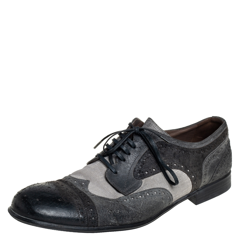 Dolce & Gabbana Grey Brogue Leather And Textured Suede Lace Up Derby Size 43.5