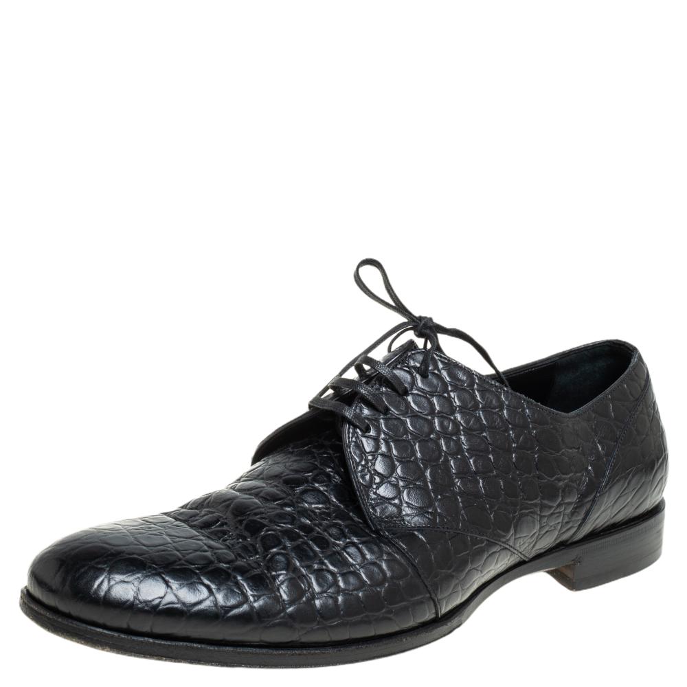 Dolce & Gabbana Black Croc Embossed Leather Lace Up Derby Size 43