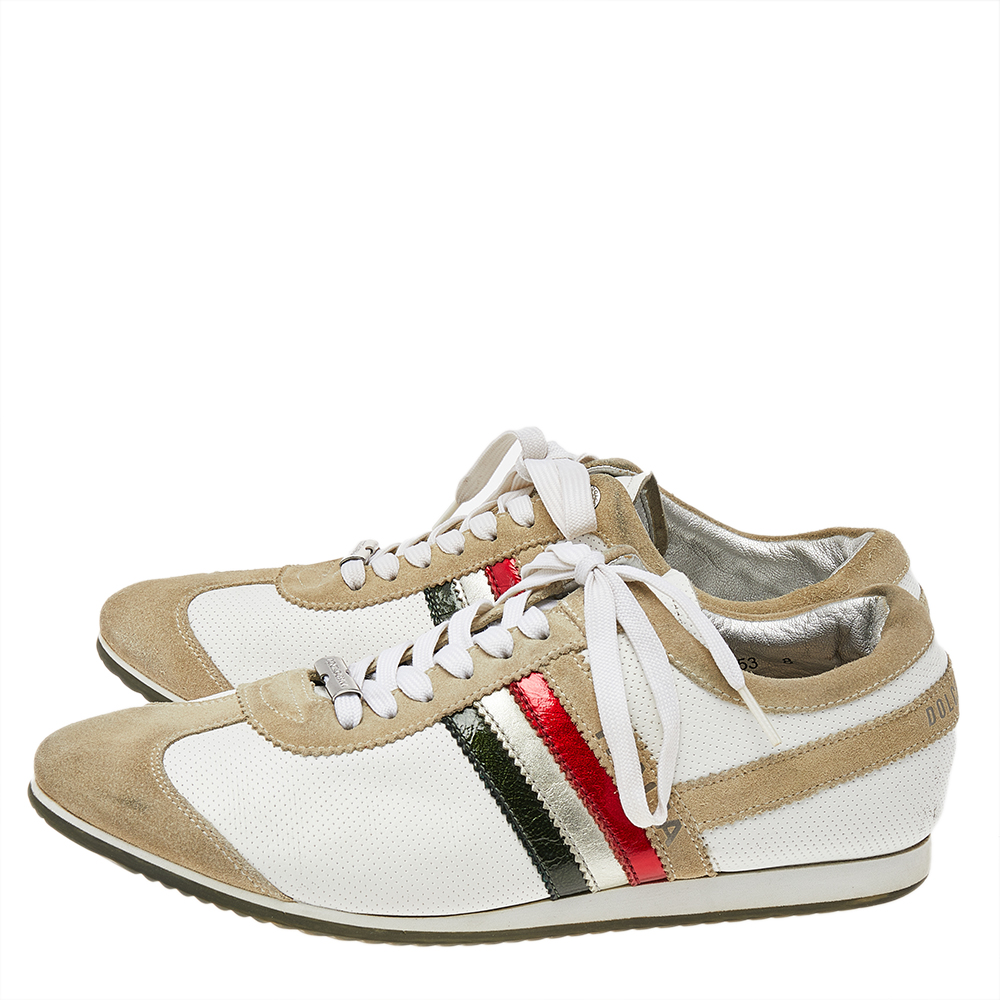 Dolce & Gabbana Beige/White Leather And Suede Low Top Sneakers Size 42