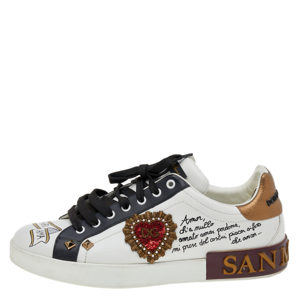 

Dolce & Gabbana White Leather Heart Patch Embellished Lace Up Sneakers Size