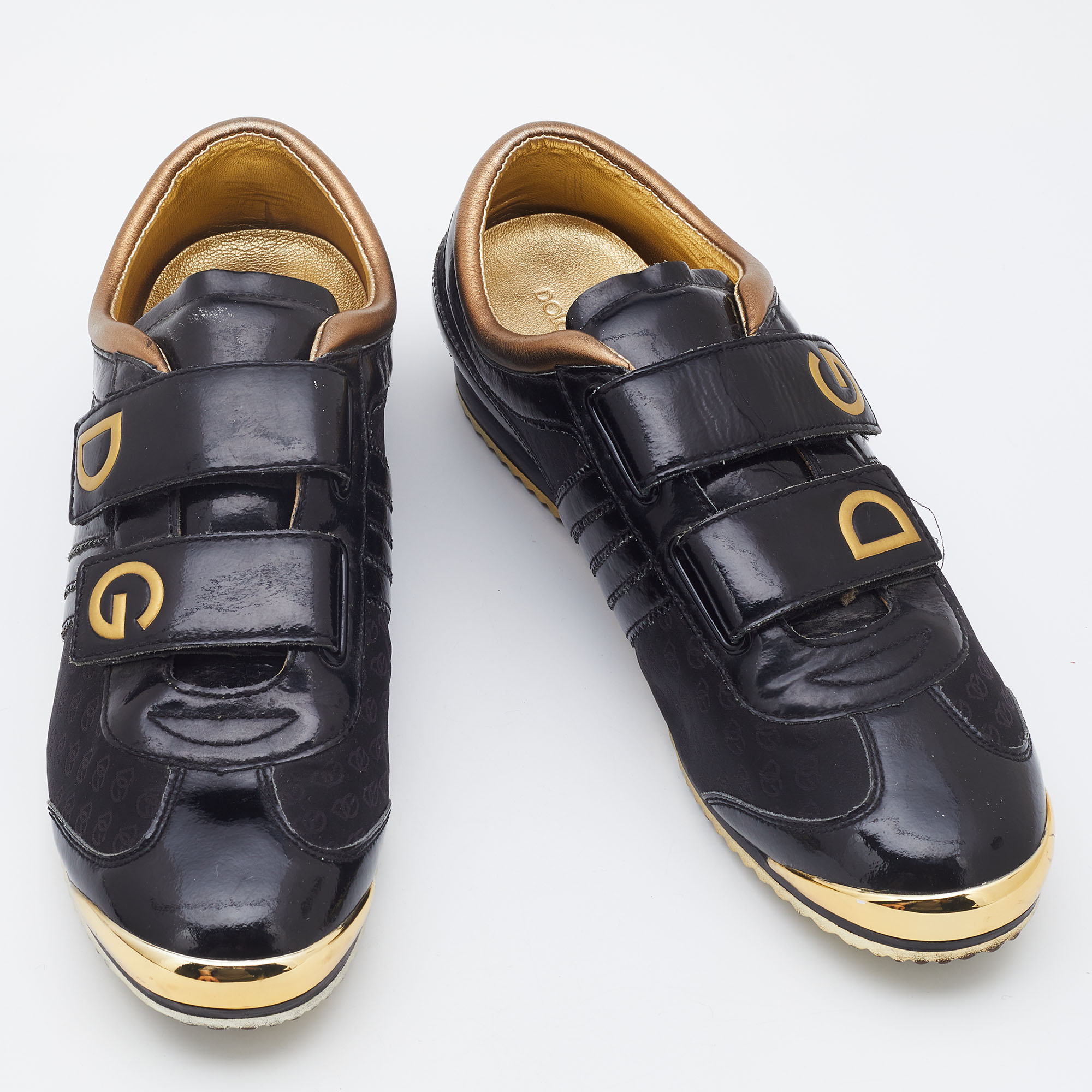 Dolce & Gabbana Black/Gold Patent Leather And Fabric DG Low Top Sneakers Size 40
