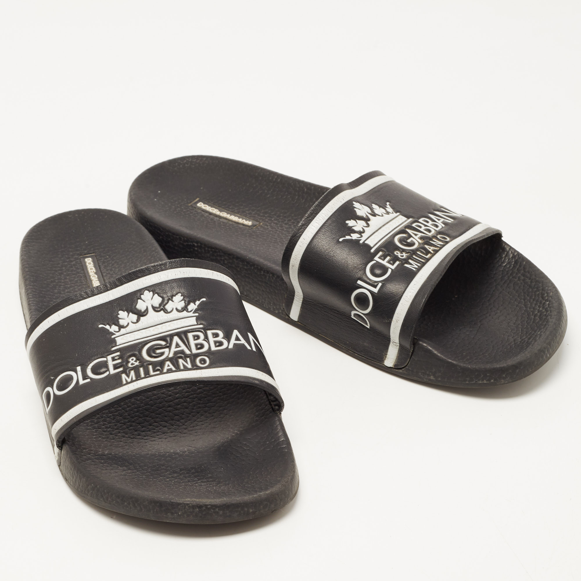 Dolce & Gabbana Black Rubber Logo Flat Slides Size 45