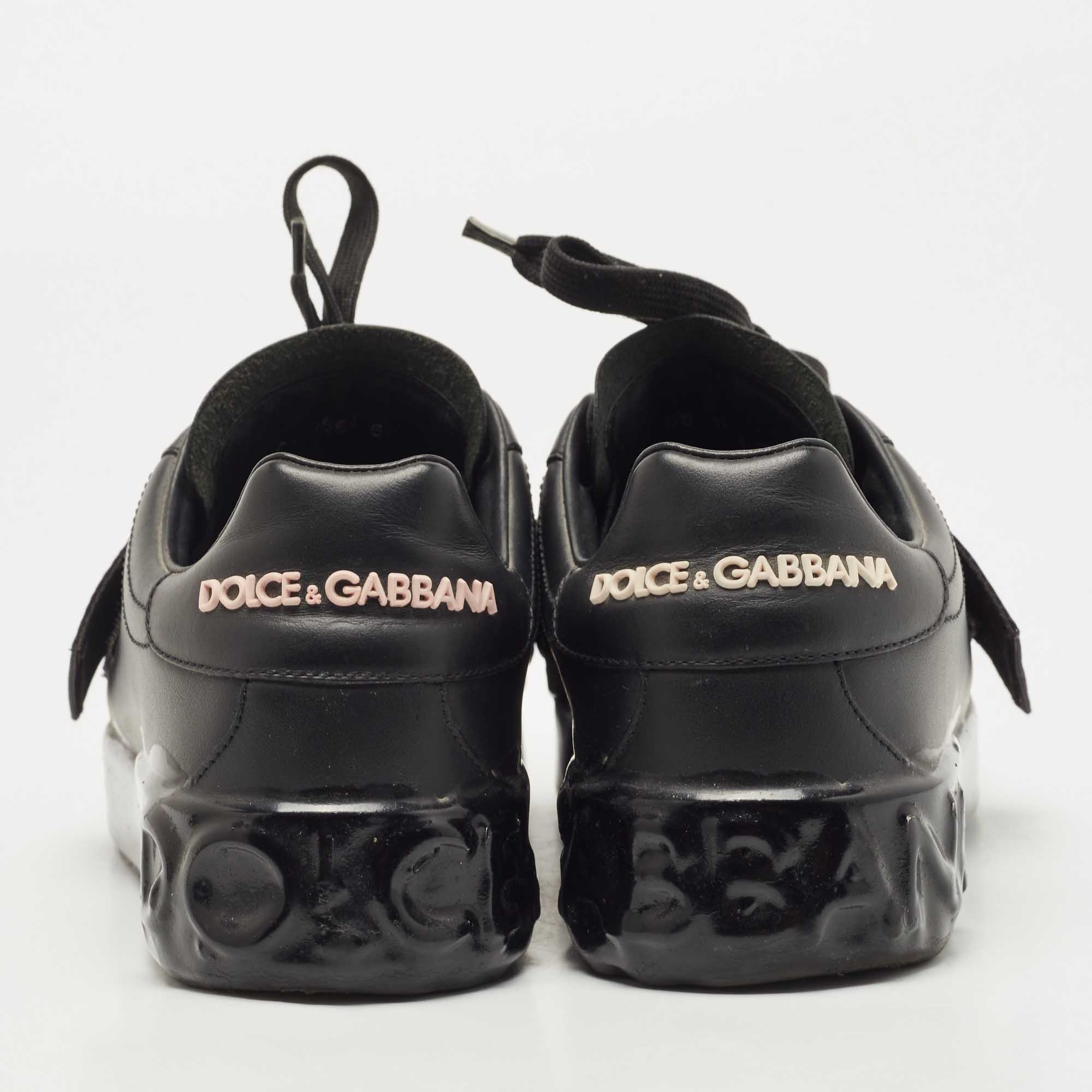 Dolce & Gabbana Black Leather Elastic Logo Low Top Sneakers Size 40