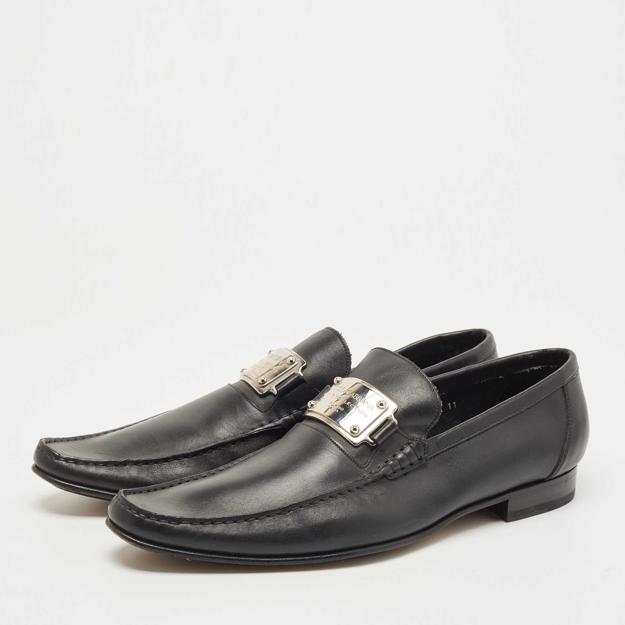 Dolce & Gabbana Black Leather Slip On Loafers Size 45