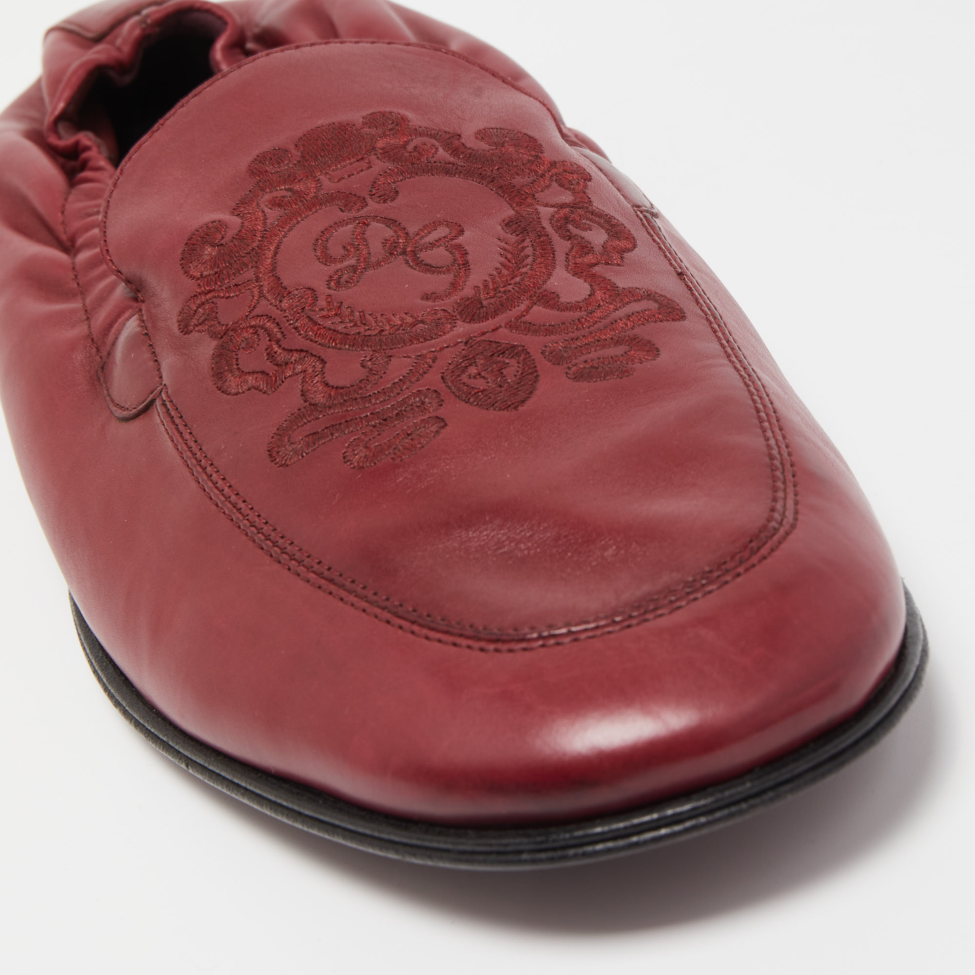 Dolce & Gabbana Burgundy Embroidered Leather Scrunch Smoking Slippers Size 43
