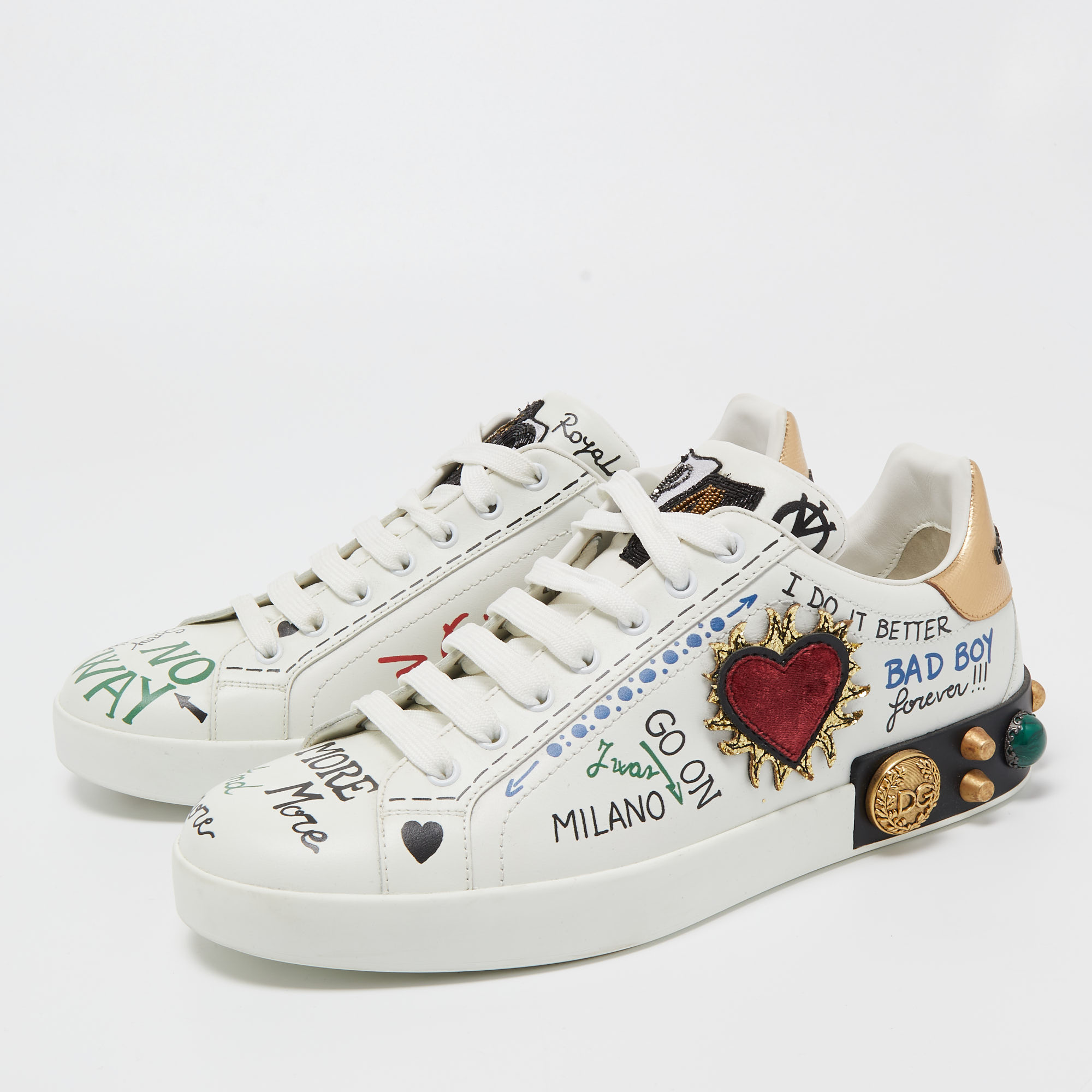 

Dolce & Gabbana White Leather Portofino Graffiti Heart Applique Low Top Sneakers Size