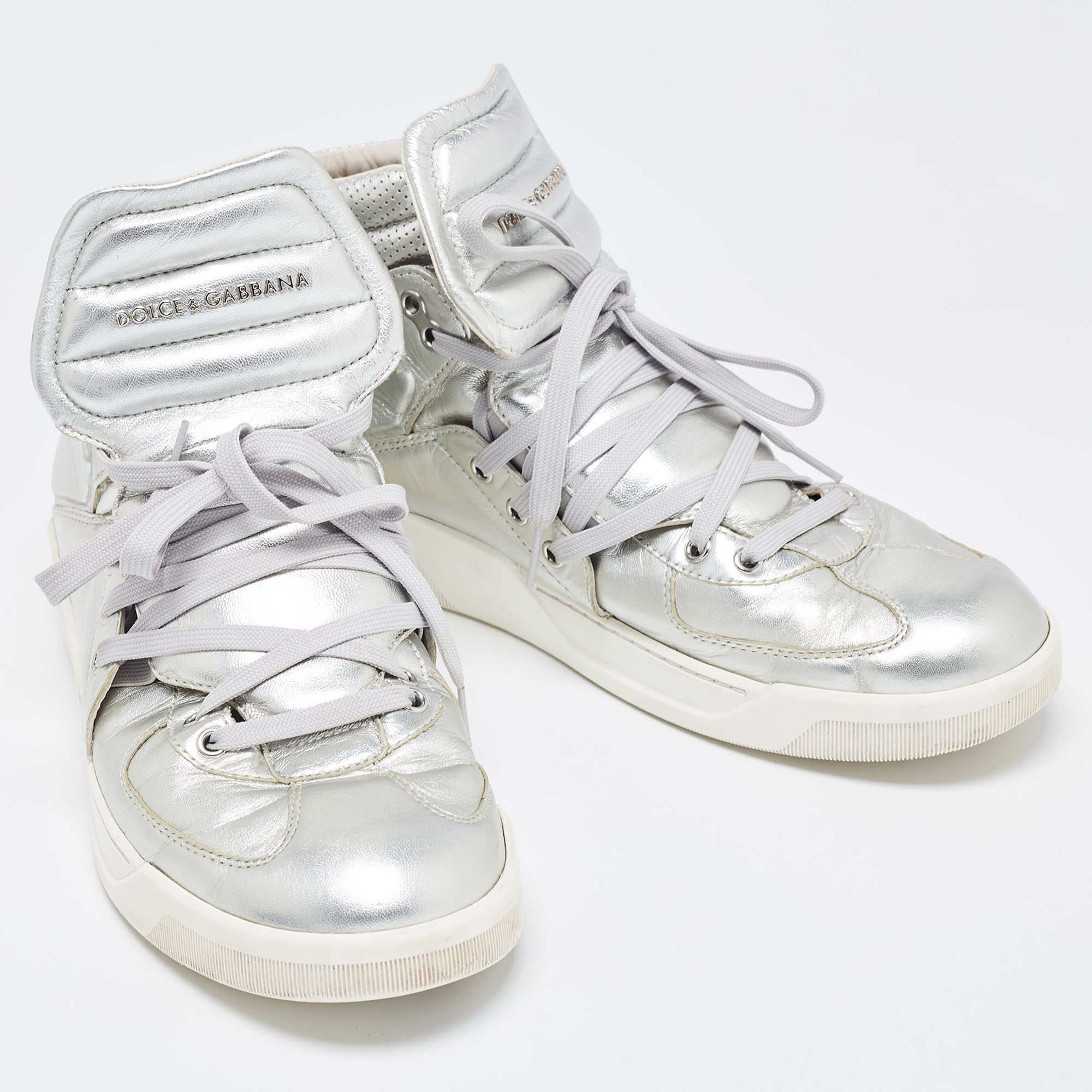 Dolce & Gabbana Silver Leather Benelux High Top Sneakers Size 45