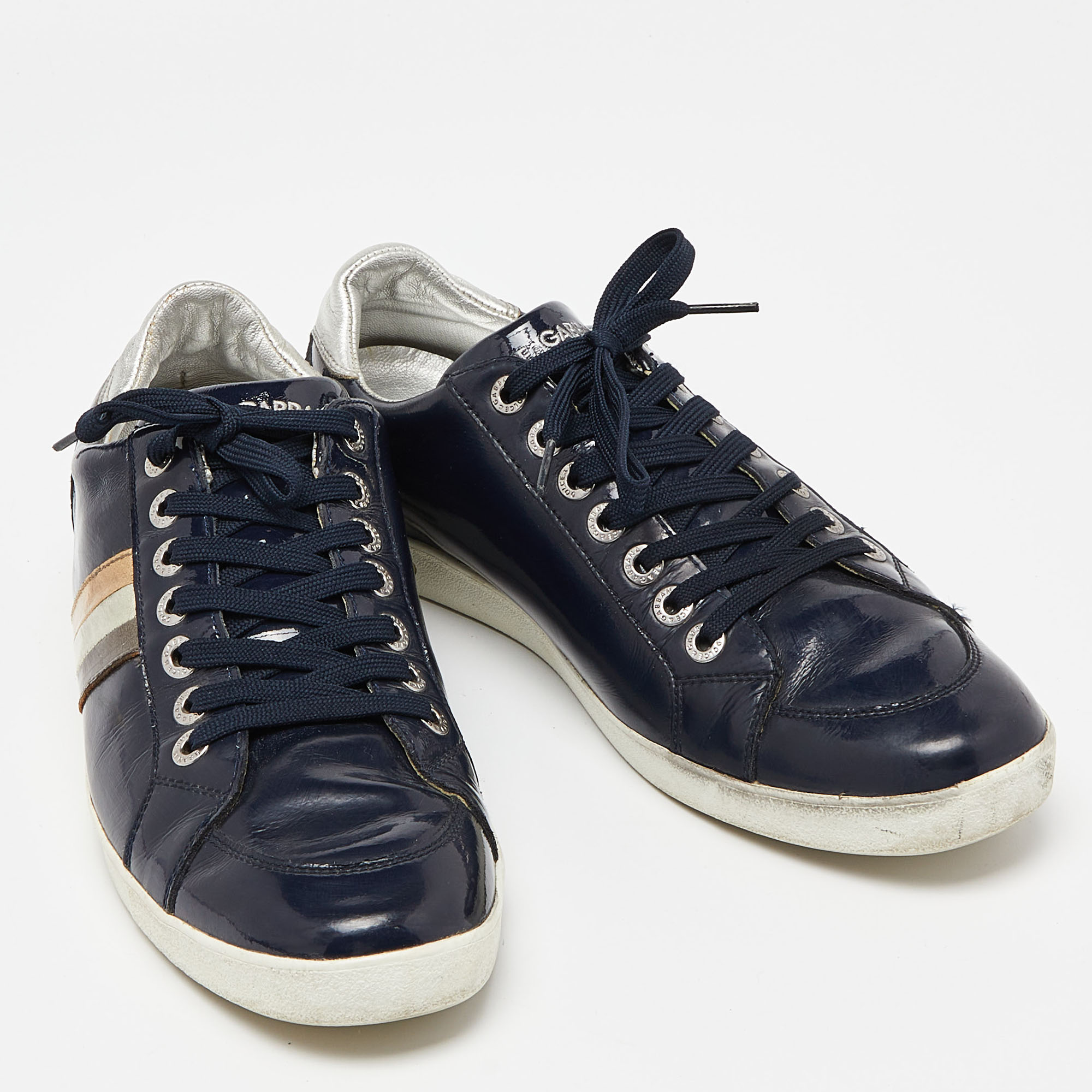 Dolce & Gabbana Navy Blue/Silver Patent Leather Low Top Sneakers Size 43