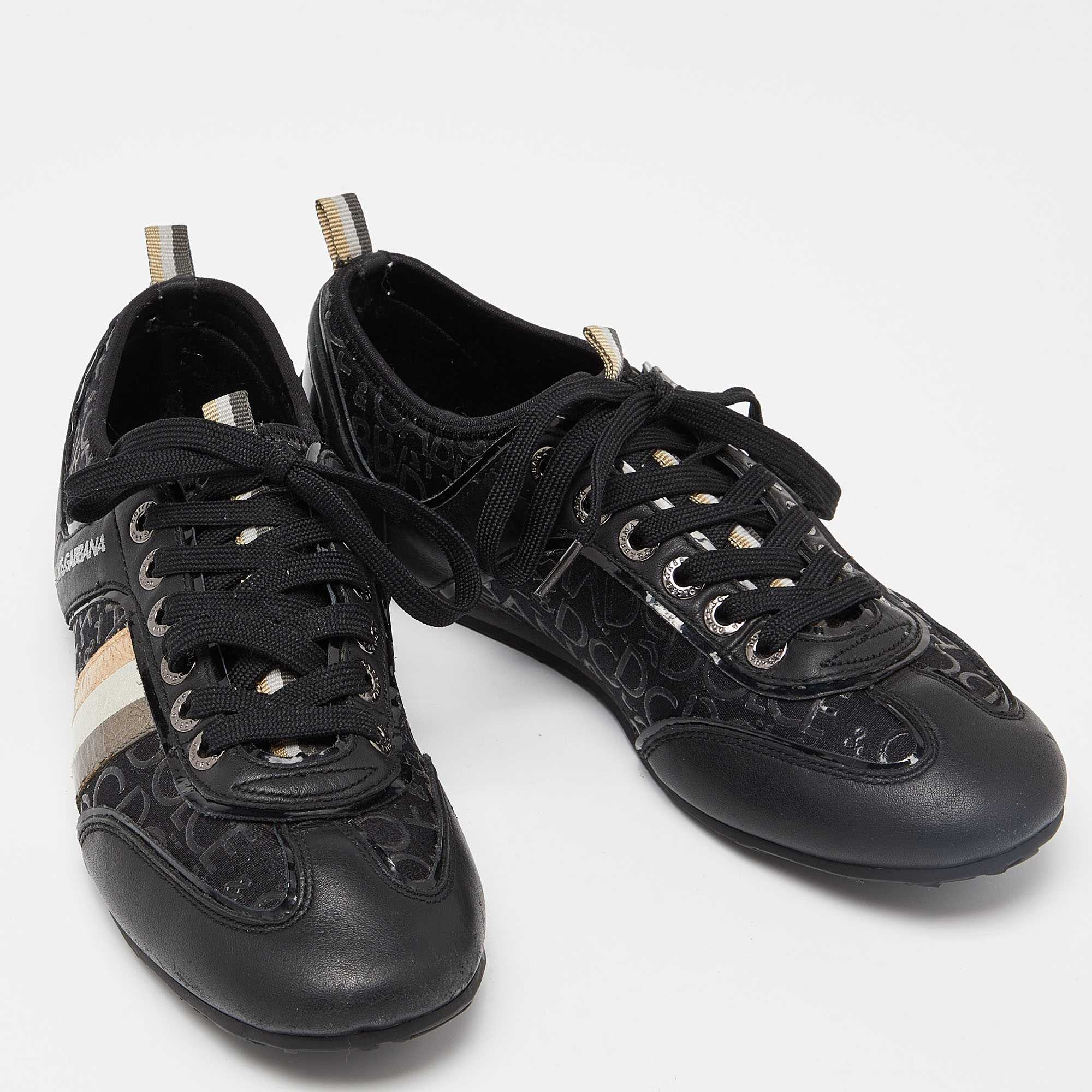 Dolce & Gabbana Black Leather And Fabric Logo Lace Up Sneakers Size 41