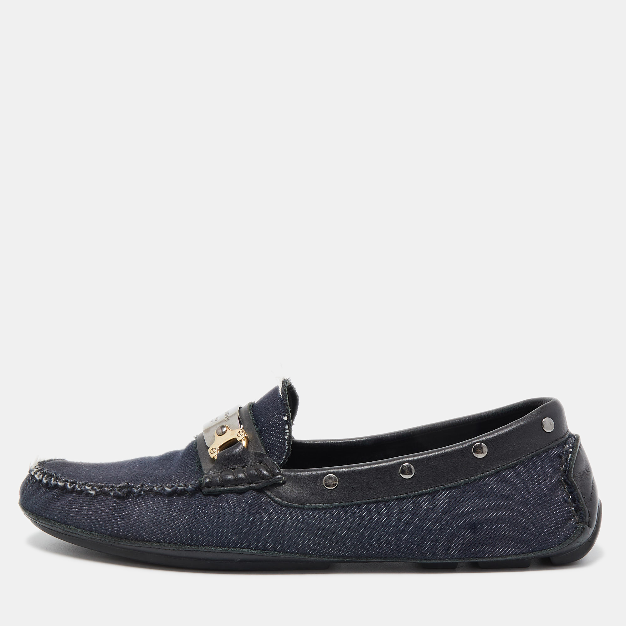 Dolce & Gabbana Navy Blue/Black Denim And Studded Leather Loafers Size 40
