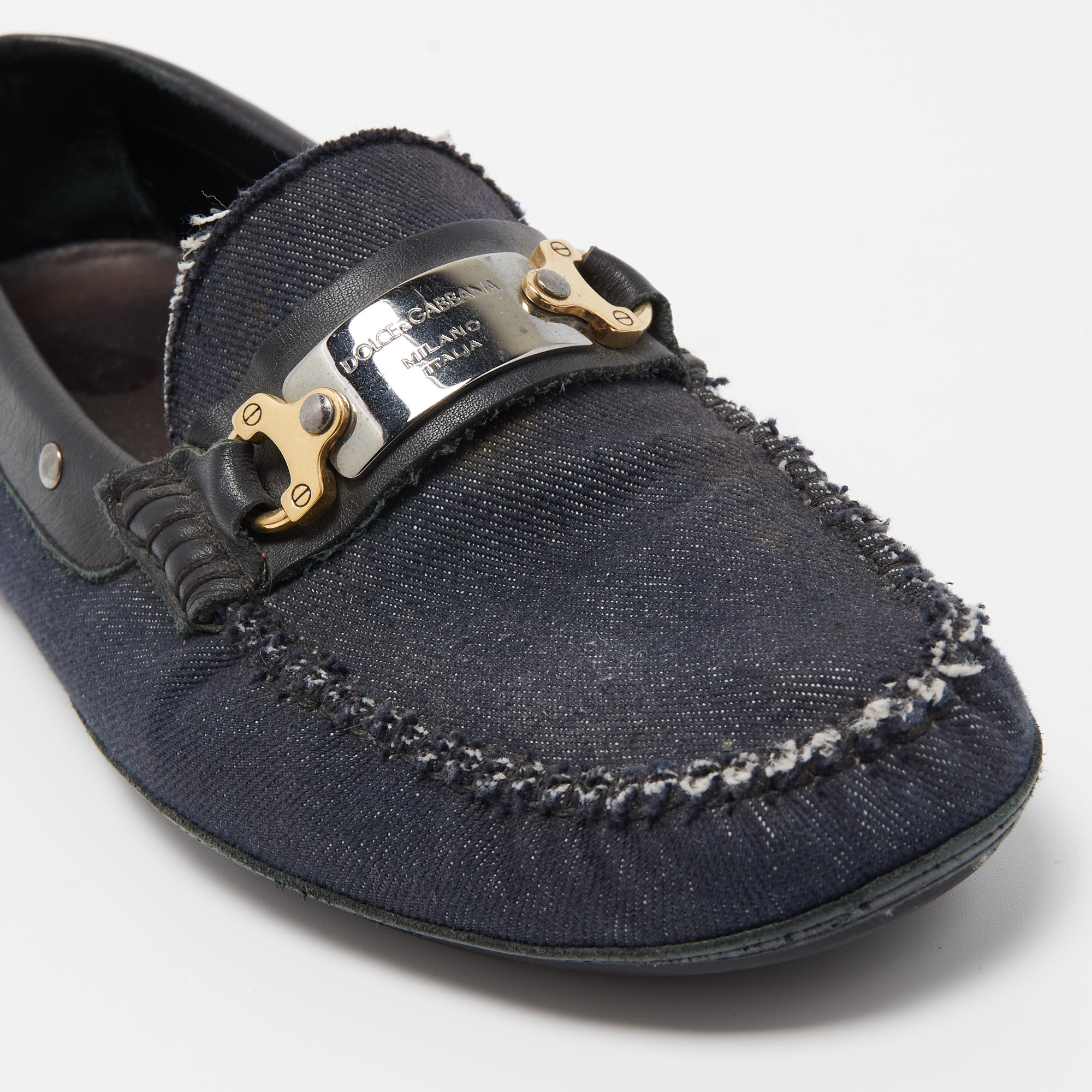 Dolce & Gabbana Navy Blue/Black Denim And Studded Leather Loafers Size 40