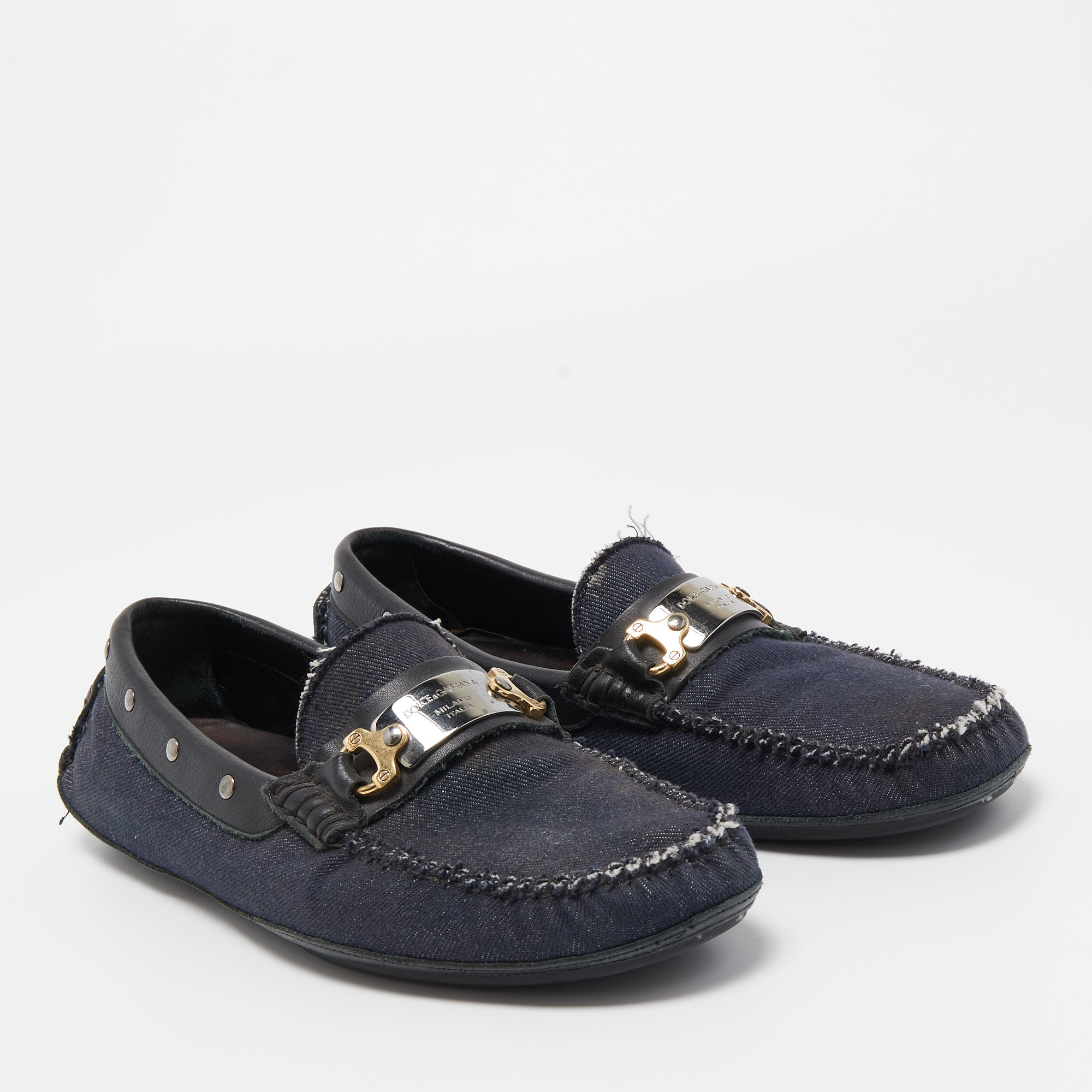 Dolce & Gabbana Navy Blue/Black Denim And Studded Leather Loafers Size 40