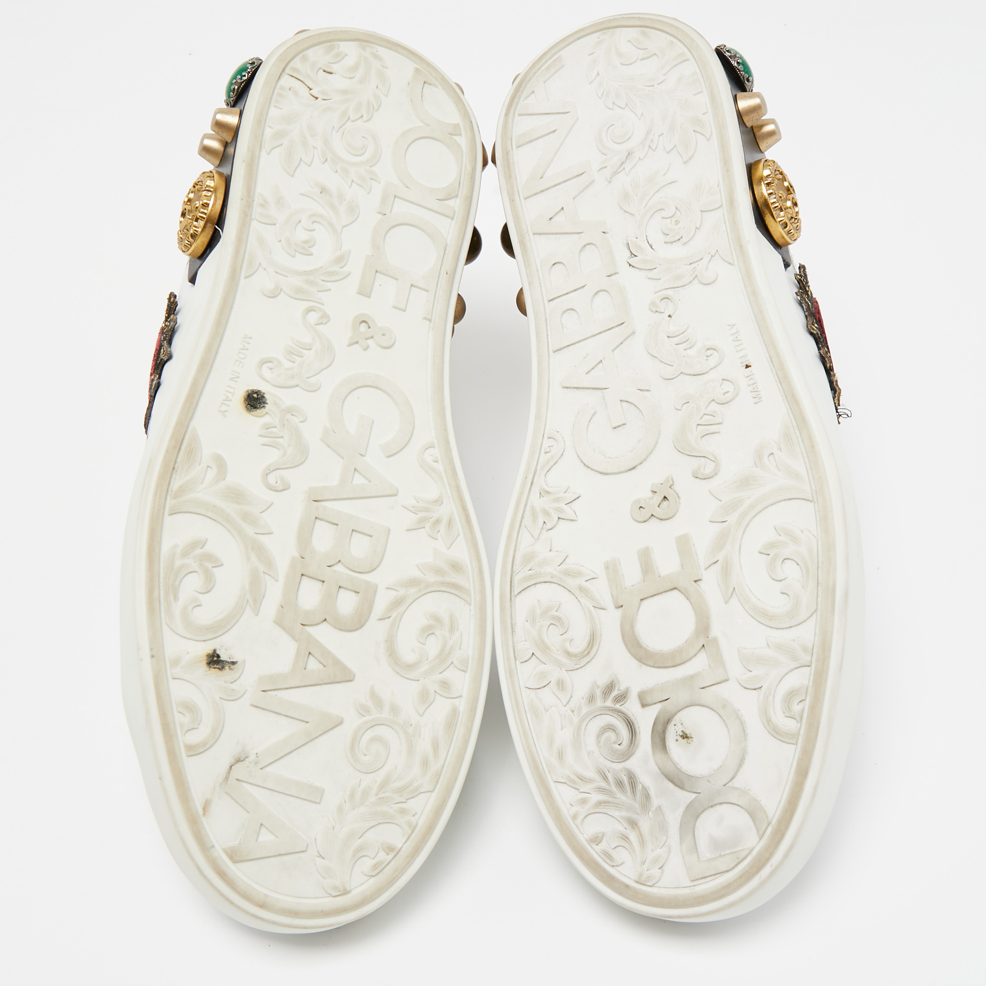 Dolce & Gabbana White Leather Portofino Graffiti Heart Applique Low Top Sneakers Size 41