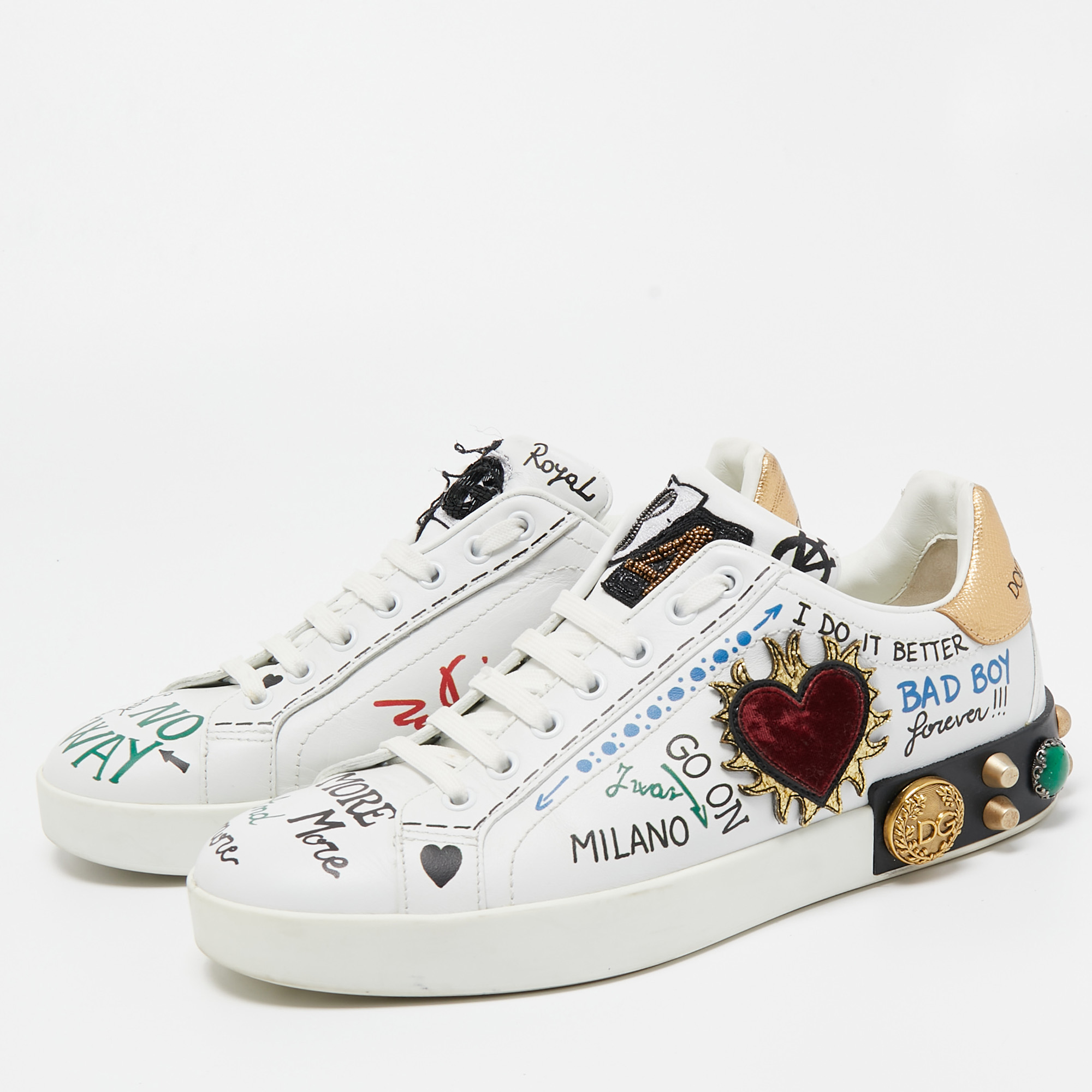 

Dolce & Gabbana White Leather Portofino Graffiti Heart Applique Low Top Sneakers Size