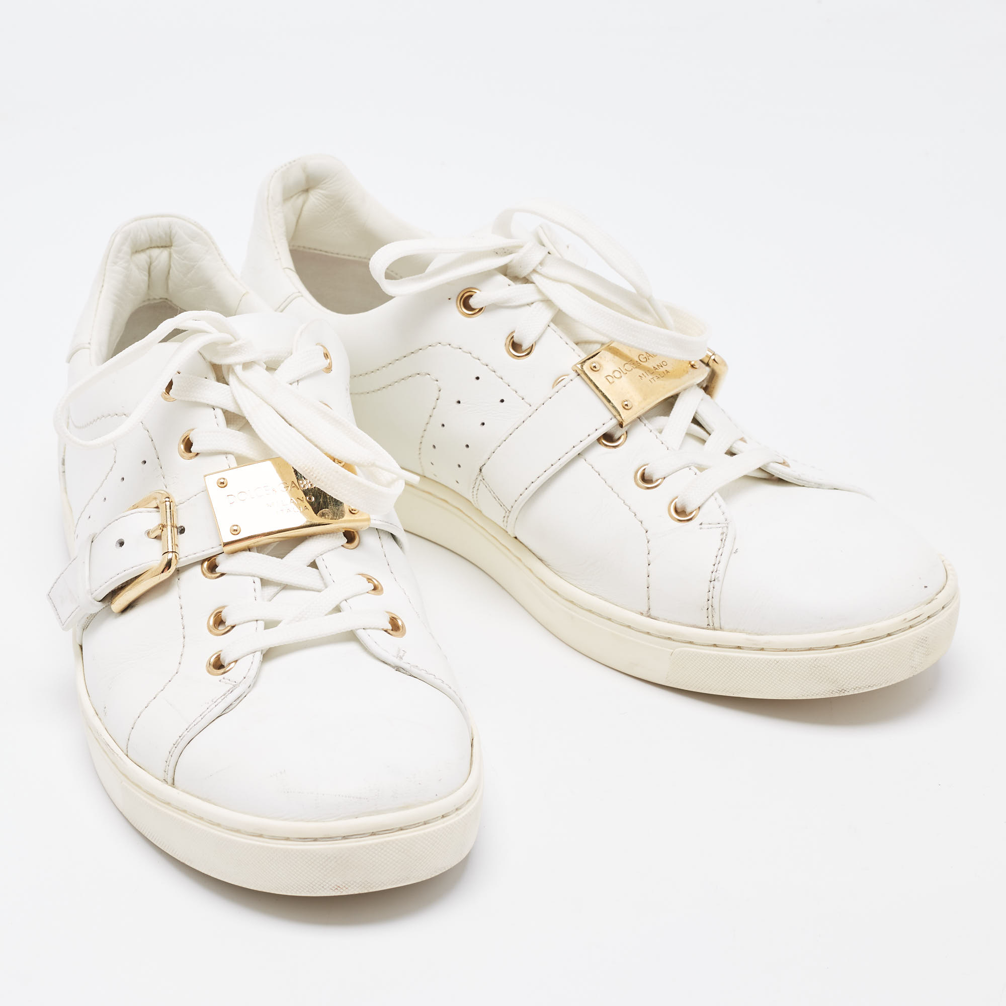 Dolce & Gabbana White Leather Lace Up And Buckle Low Top Sneakers Size 41