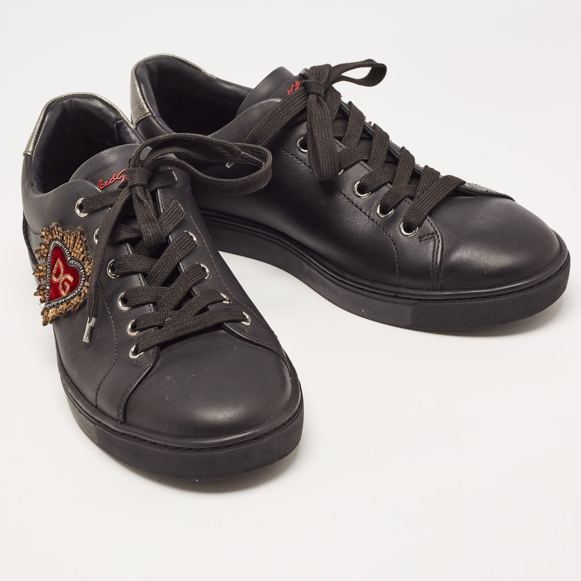 Dolce & Gabbana Black Leather DG Heart Sneakers Size 40