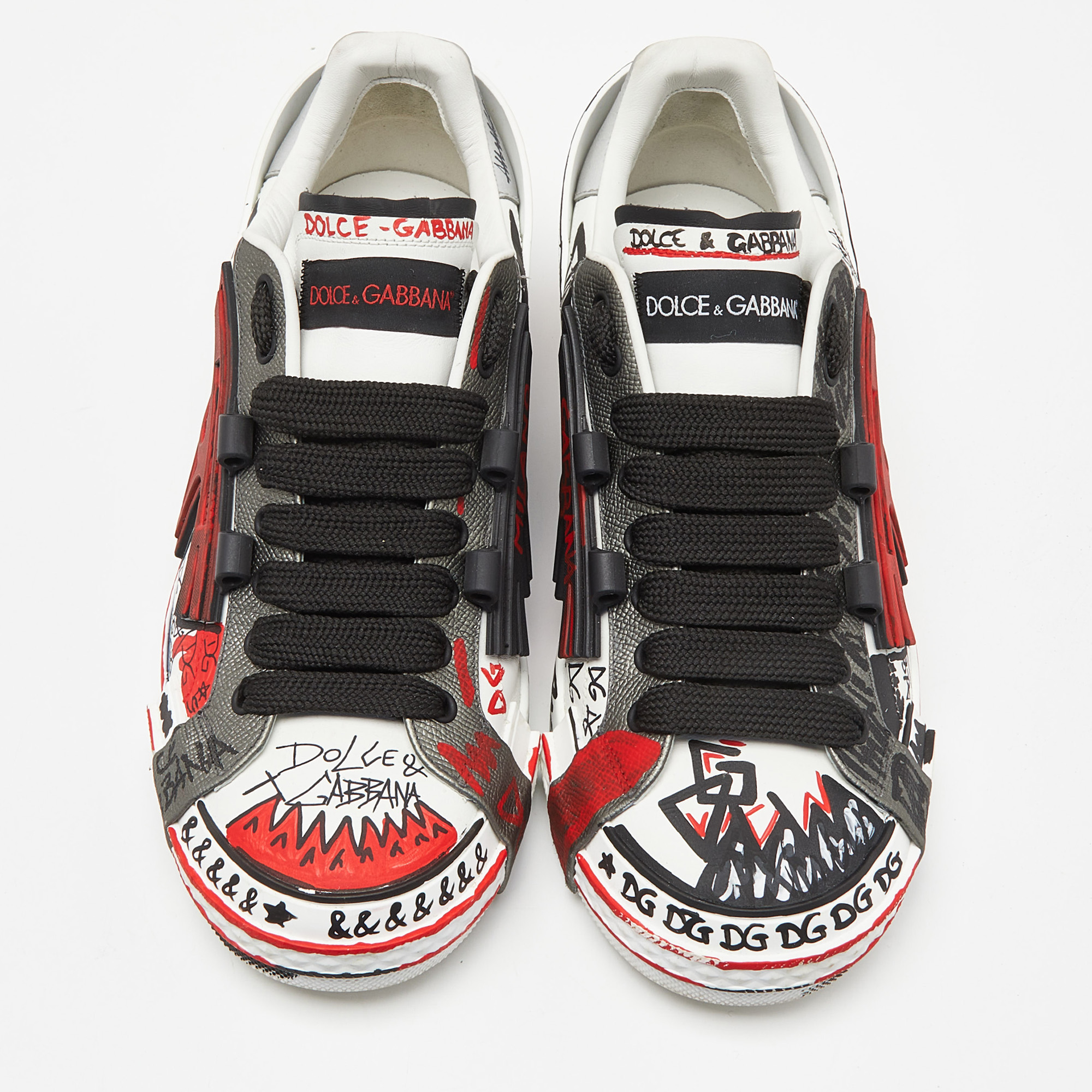 Dolce & Gabbana Tricolor Leather Graffiti Print Portofino Sneakers Size 43