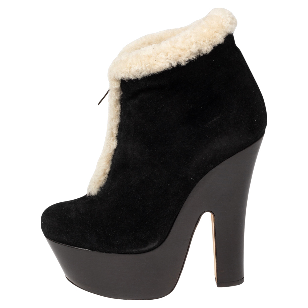 Dsquared2 Black/White Suede And Shearling Zip Platform Ankle Boots Size 39