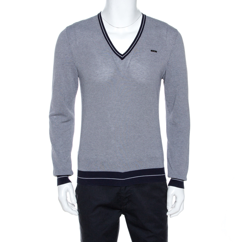 Image of Dsquared Navy Blue Striped Knit Fitted Jumper L