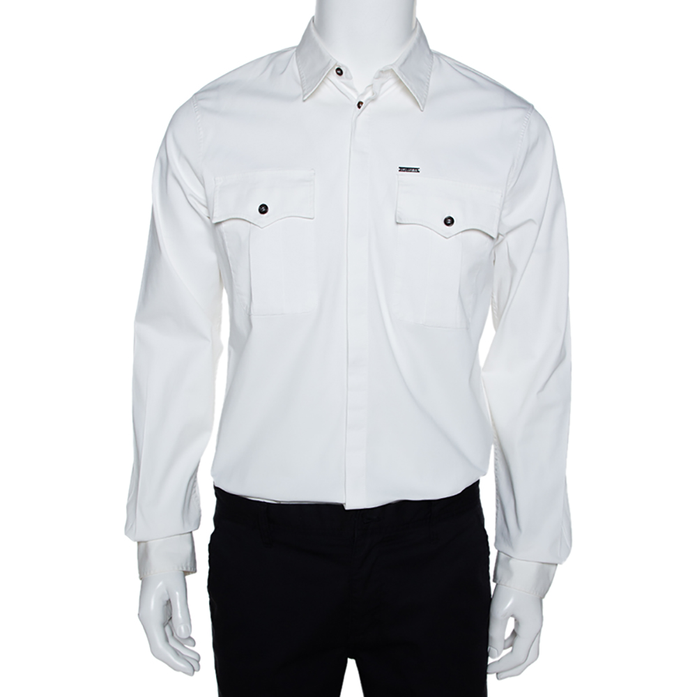 Image of Dsquared White Stretch Cotton Pocket Detail Long Sleeve Shirt L