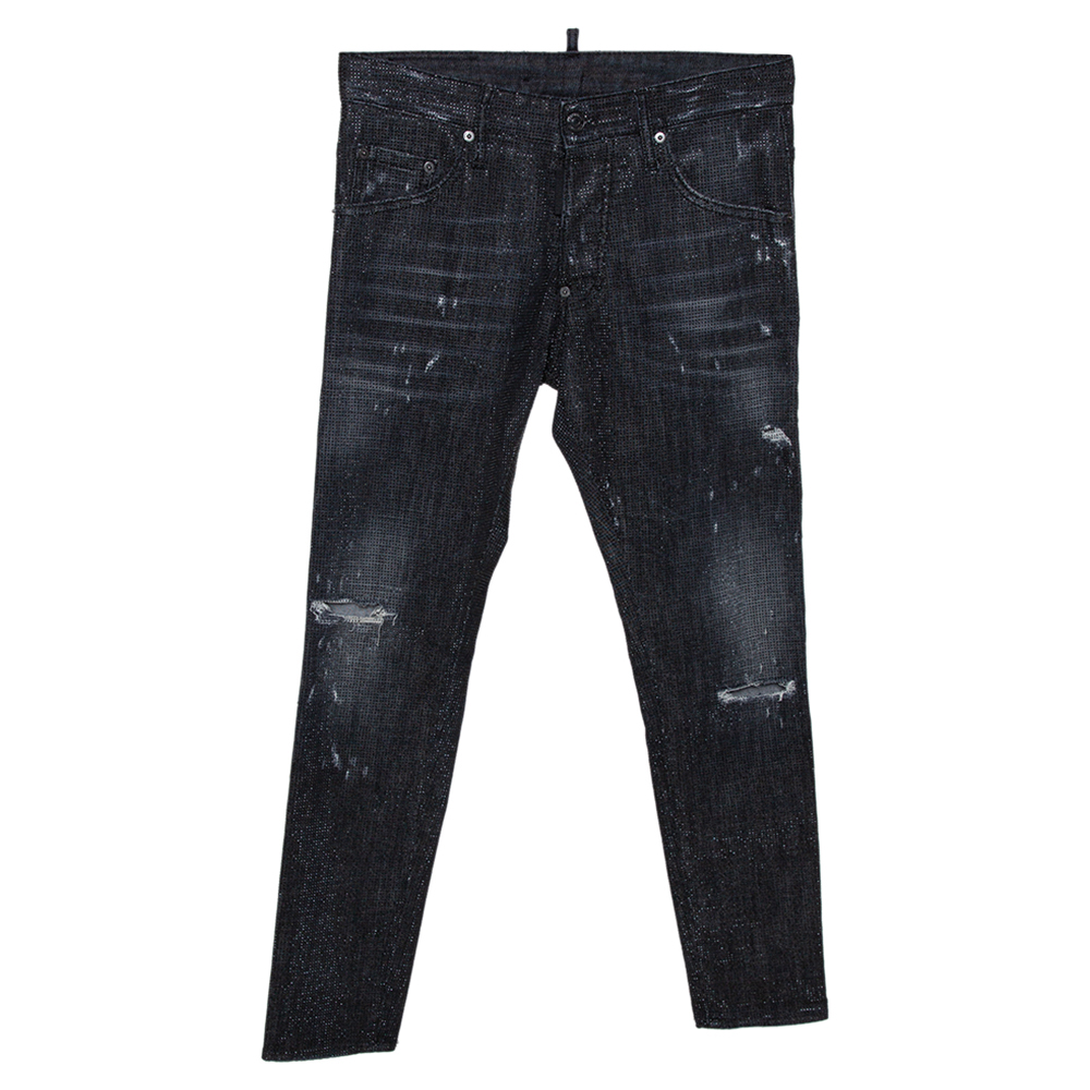 Image of Dsquared Charcoal Grey Embellished Distressed Denim Skater Jeans S