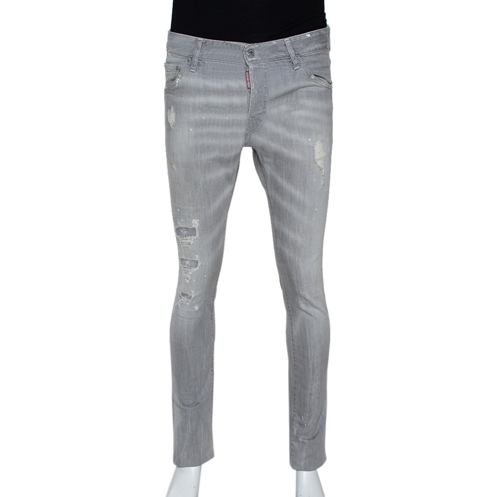 Image of Dsquared Grey Distressed Denim Paint Splatter Effect Cool Guy Jeans S