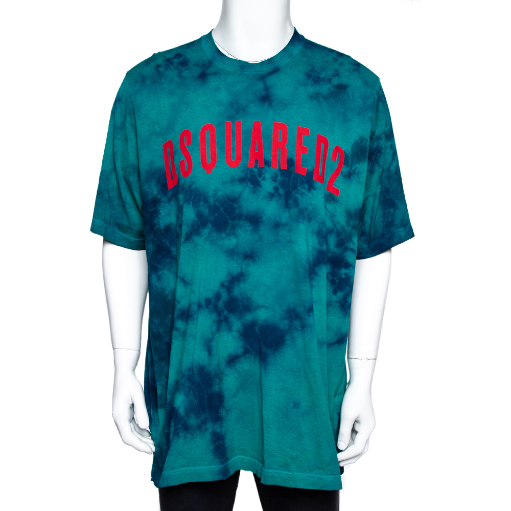 Image of Dsquared Green Tie-Dye Cotton Slouch Fit T-Shirt XL