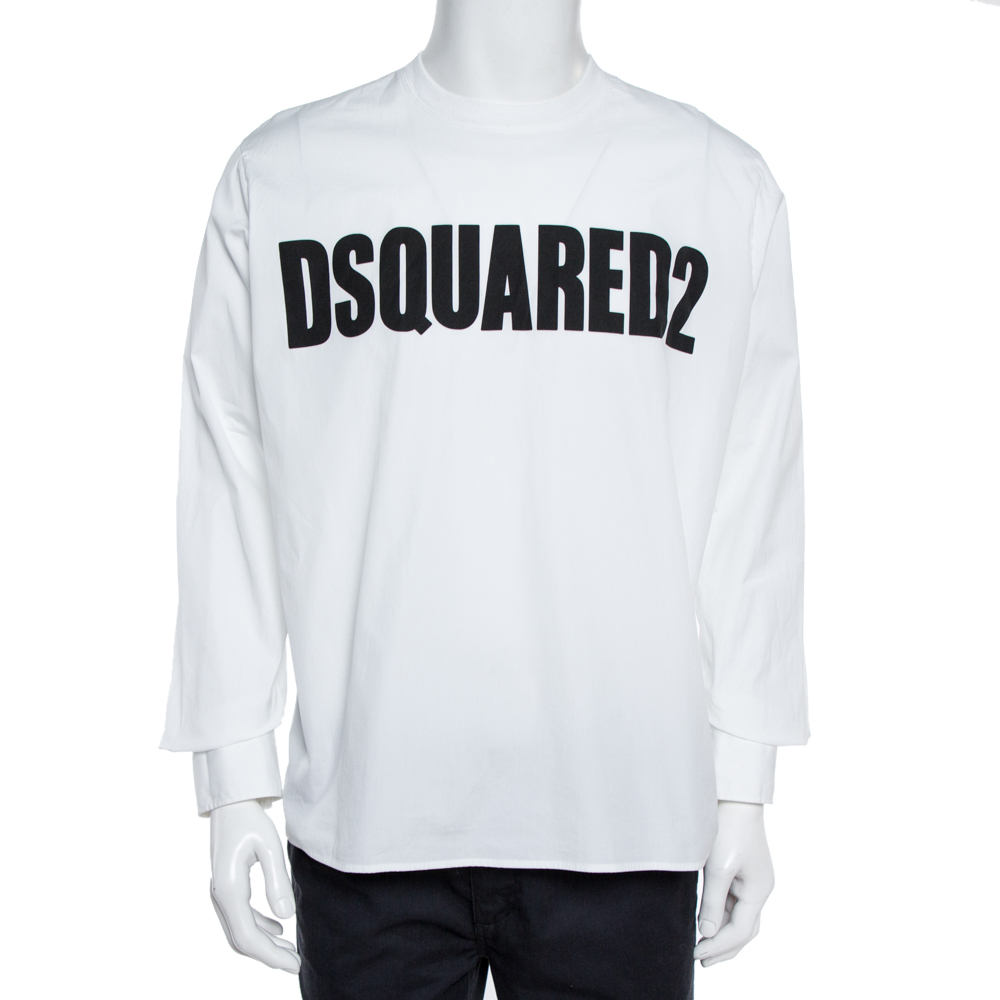 Image of Dsquared White Logo Print Cotton Long Sleeve Shirt XL