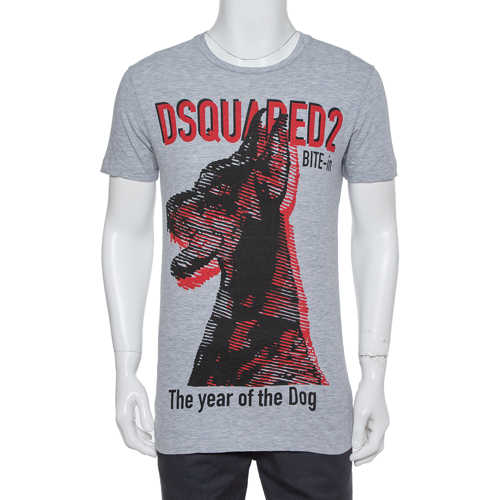 Dsquared2 Grey Cotton The Year of The Dog Print Long Cool Fit T-Shirt S