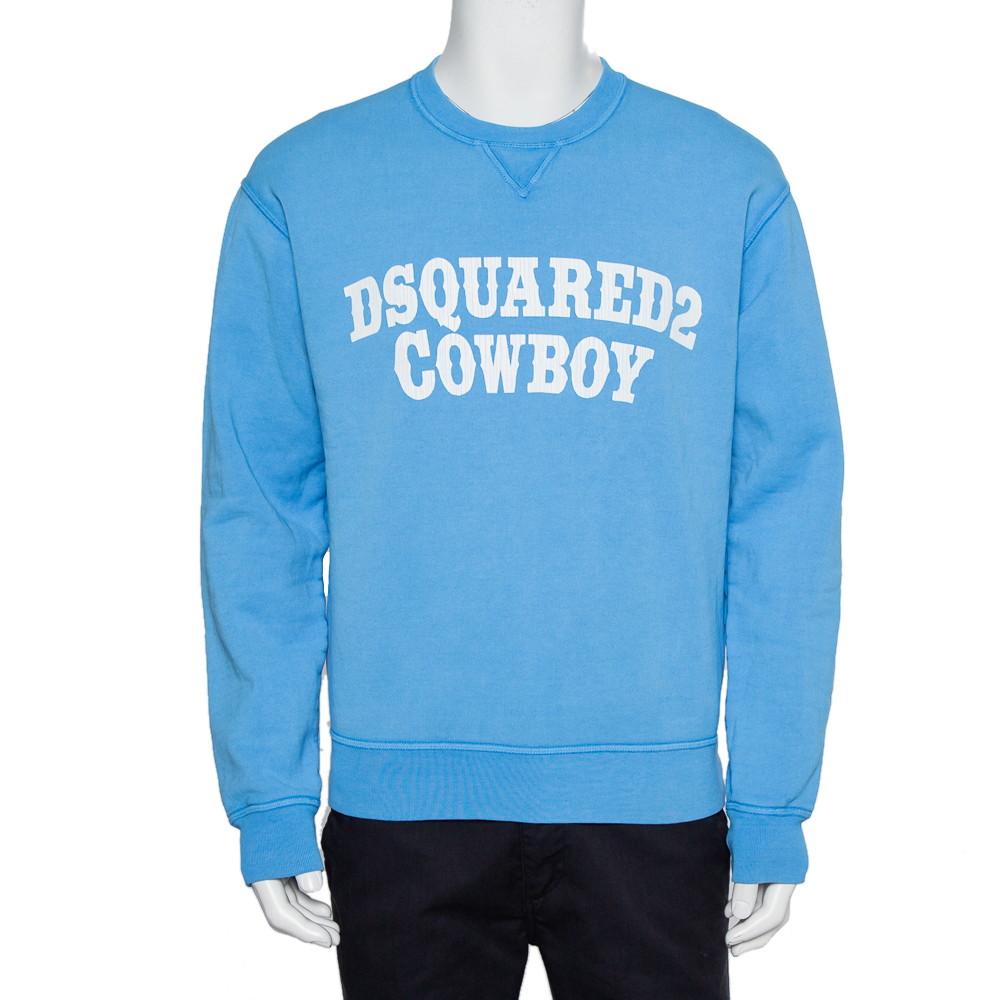 Dsquared2 Blue Cotton Knit Logo Cowboy Printed Crewneck Sweatshirt L