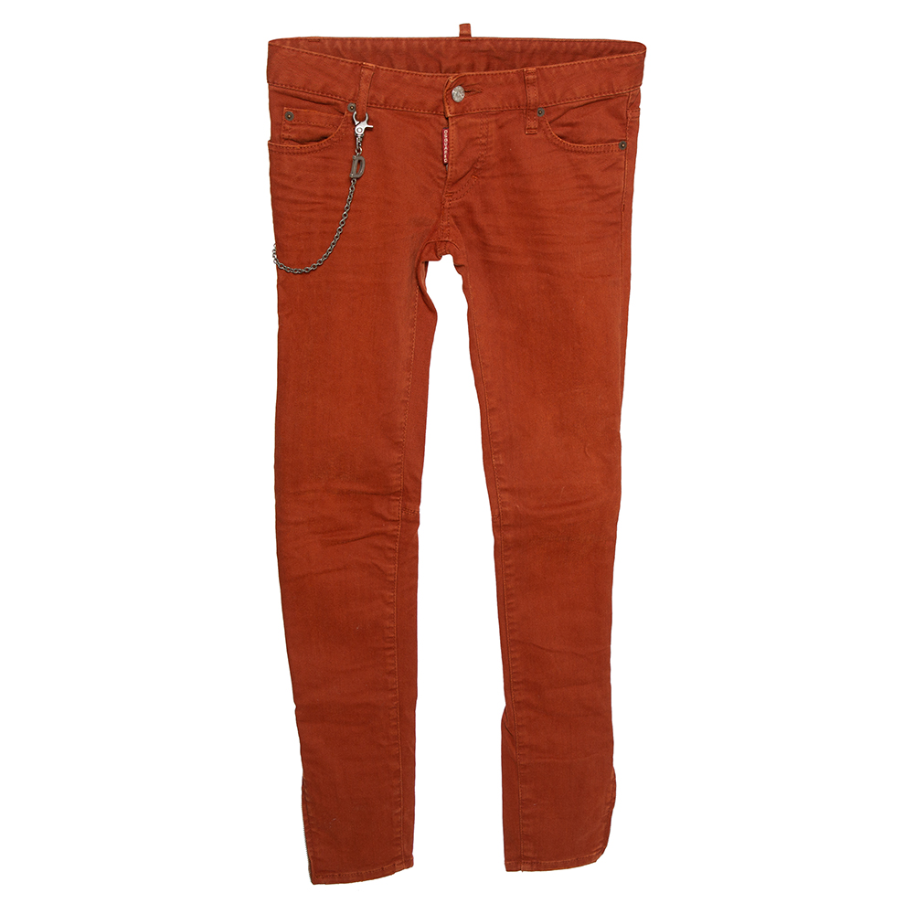 Dsquared2 Rust Orange Denim Chain Detail Slim Fit Jeans S