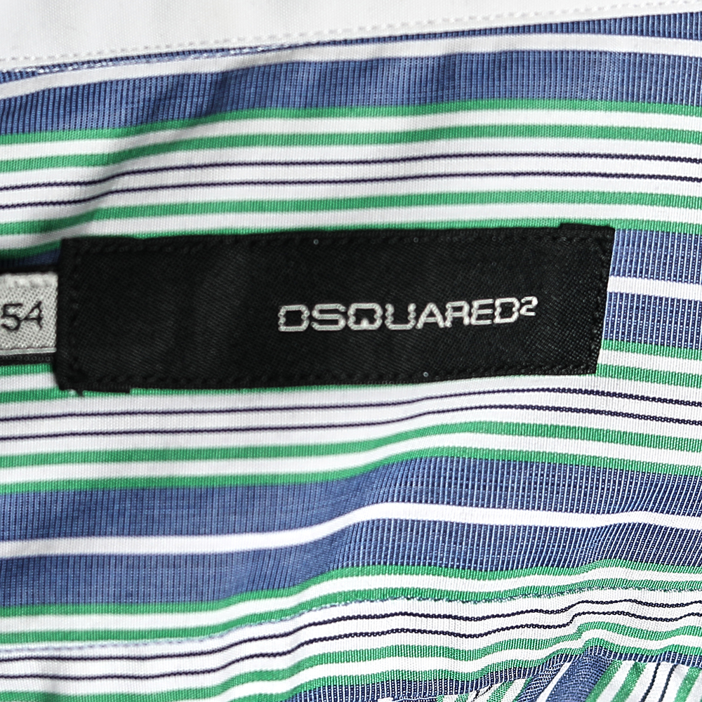 Dsquared2 Blue Striped Cotton Contrast Collar Button Front Shirt XXL