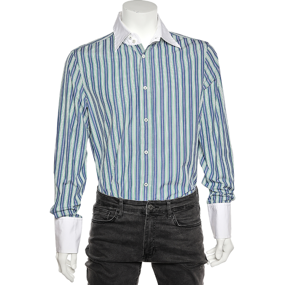 Dsquared2 blue striped cotton contrast collar button front shirt xxl