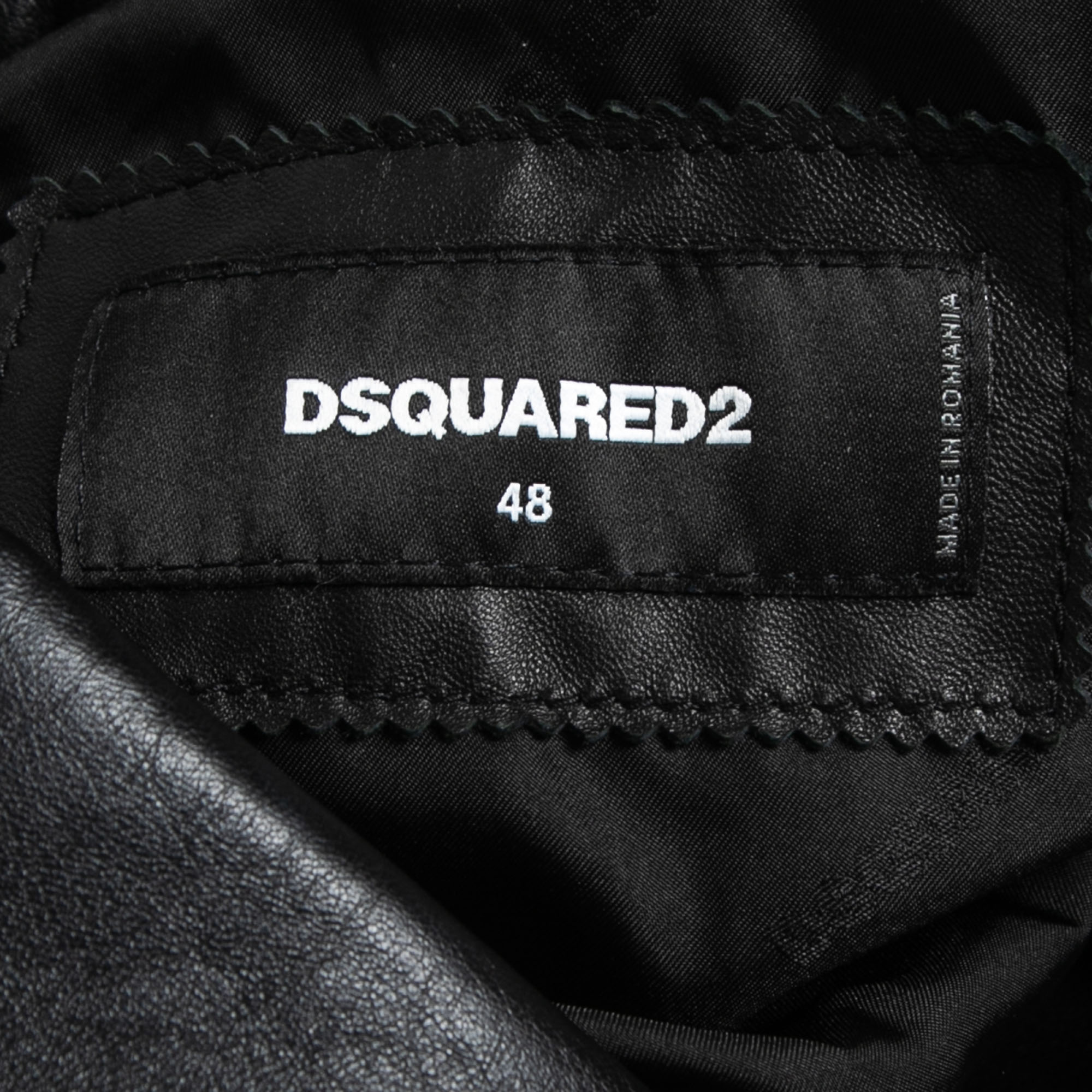 Dsquared2 Black Leather Dubai Icon Print Biker Jacket M