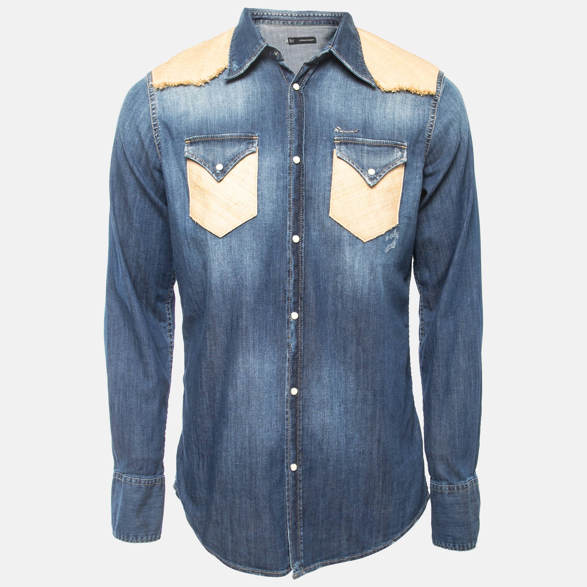 

Dsquared2 Blue Washed Denim Raphia Trimmed Button Front Full Sleeve Shirt