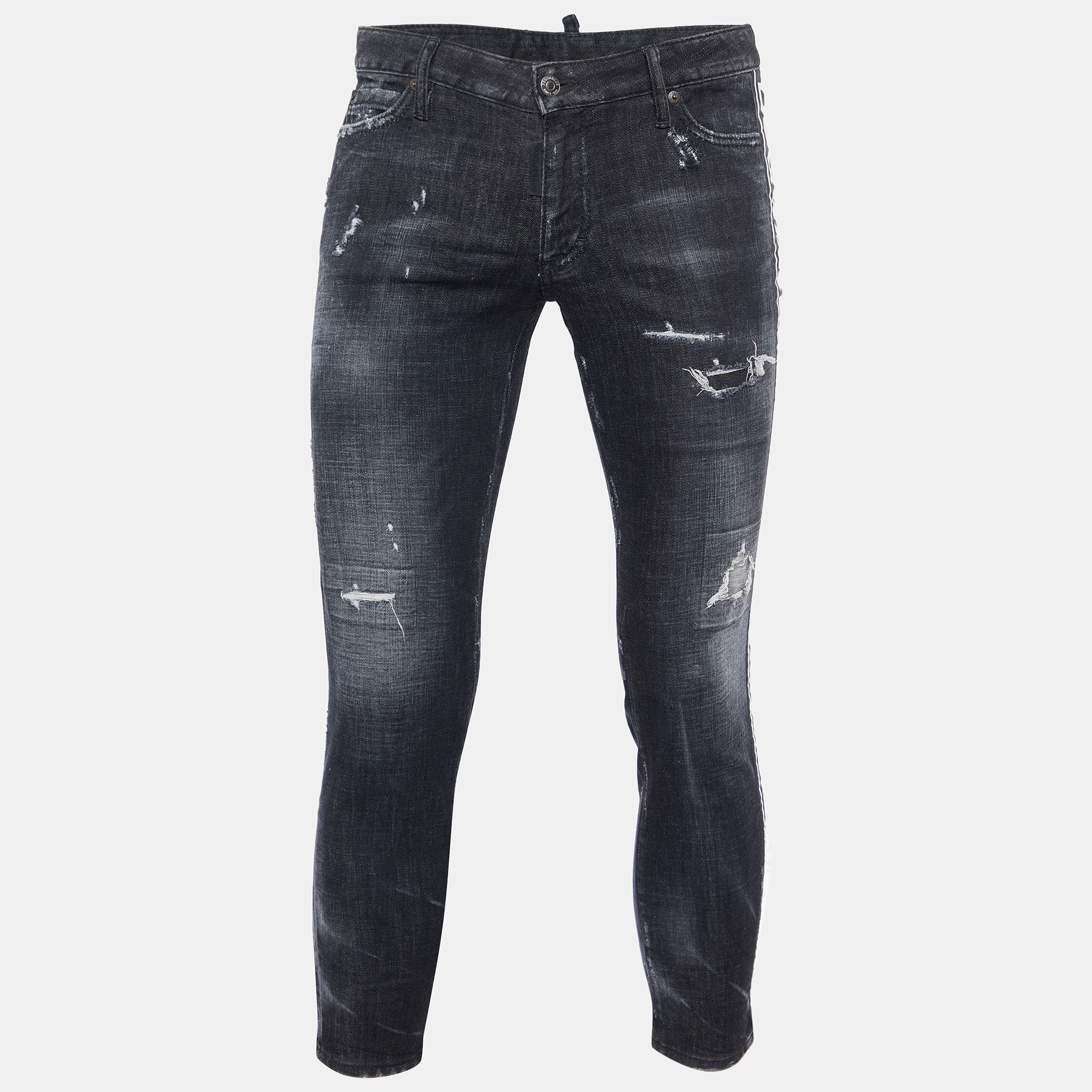 Dsquared2 Black Washed Denim Distressed Skinny Cropped Jeans L