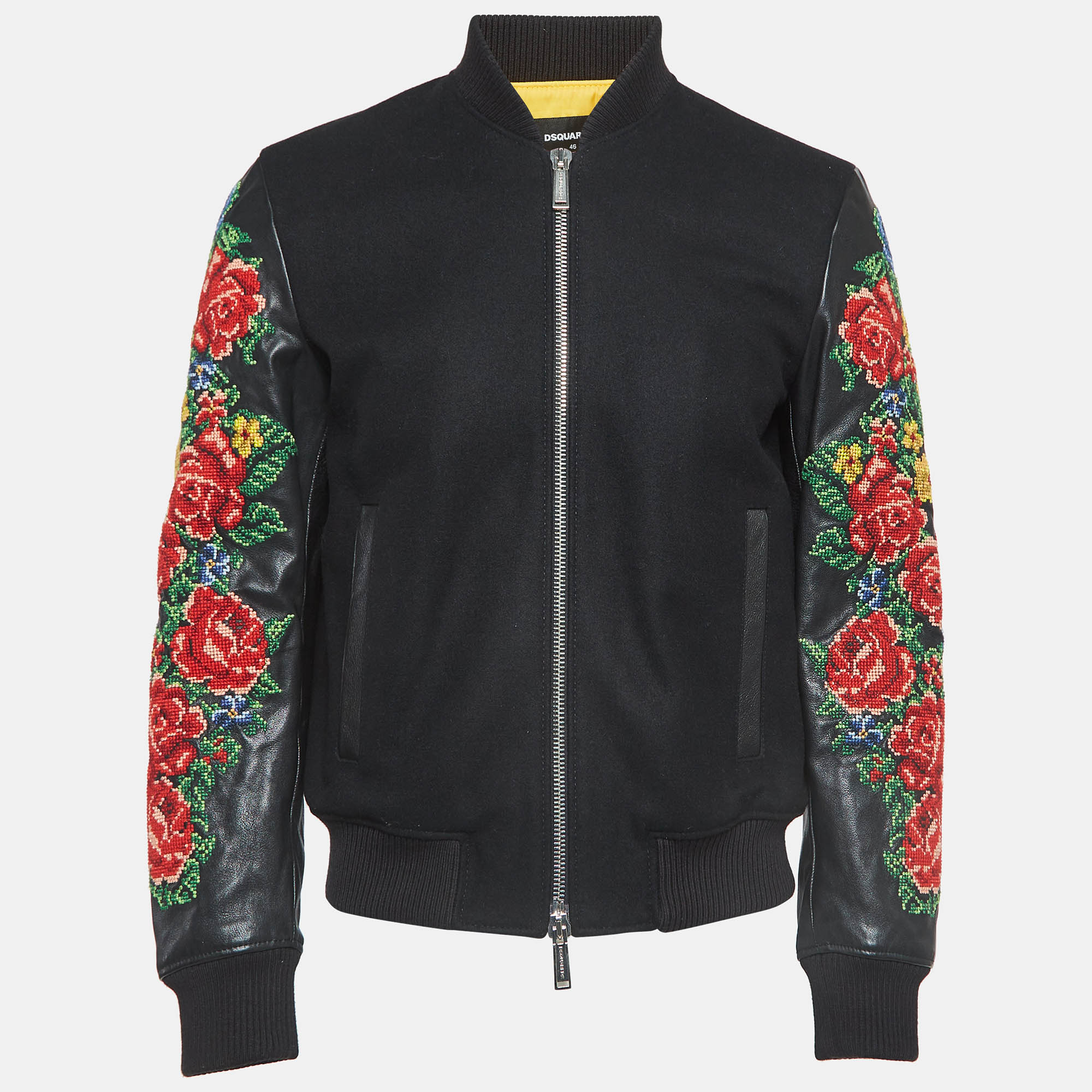 Dsquared2 black floral embroidered leather and wool bomber jacket s