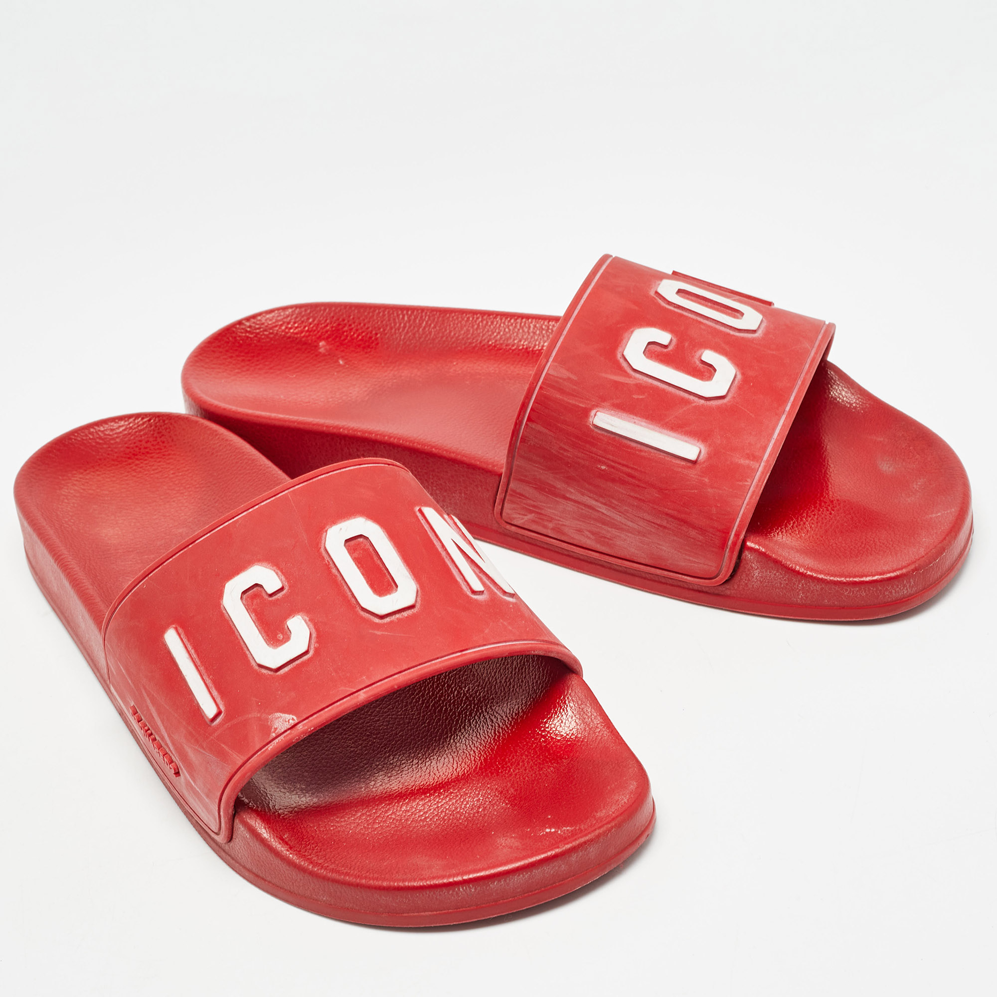 Dsquared Red Rubber Icon Embossed Beach Slides Size 41