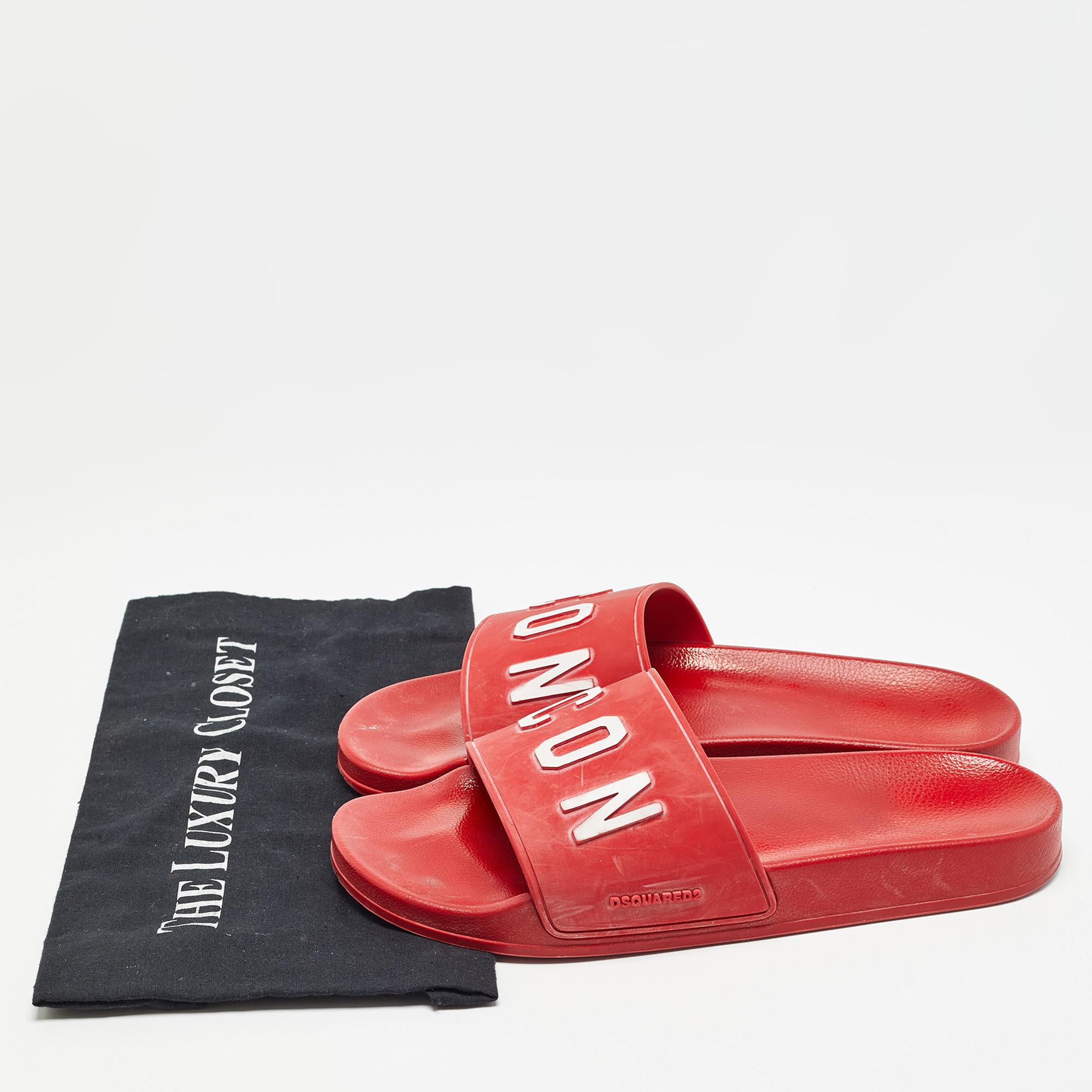 Dsquared Red Rubber Icon Embossed Beach Slides Size 41