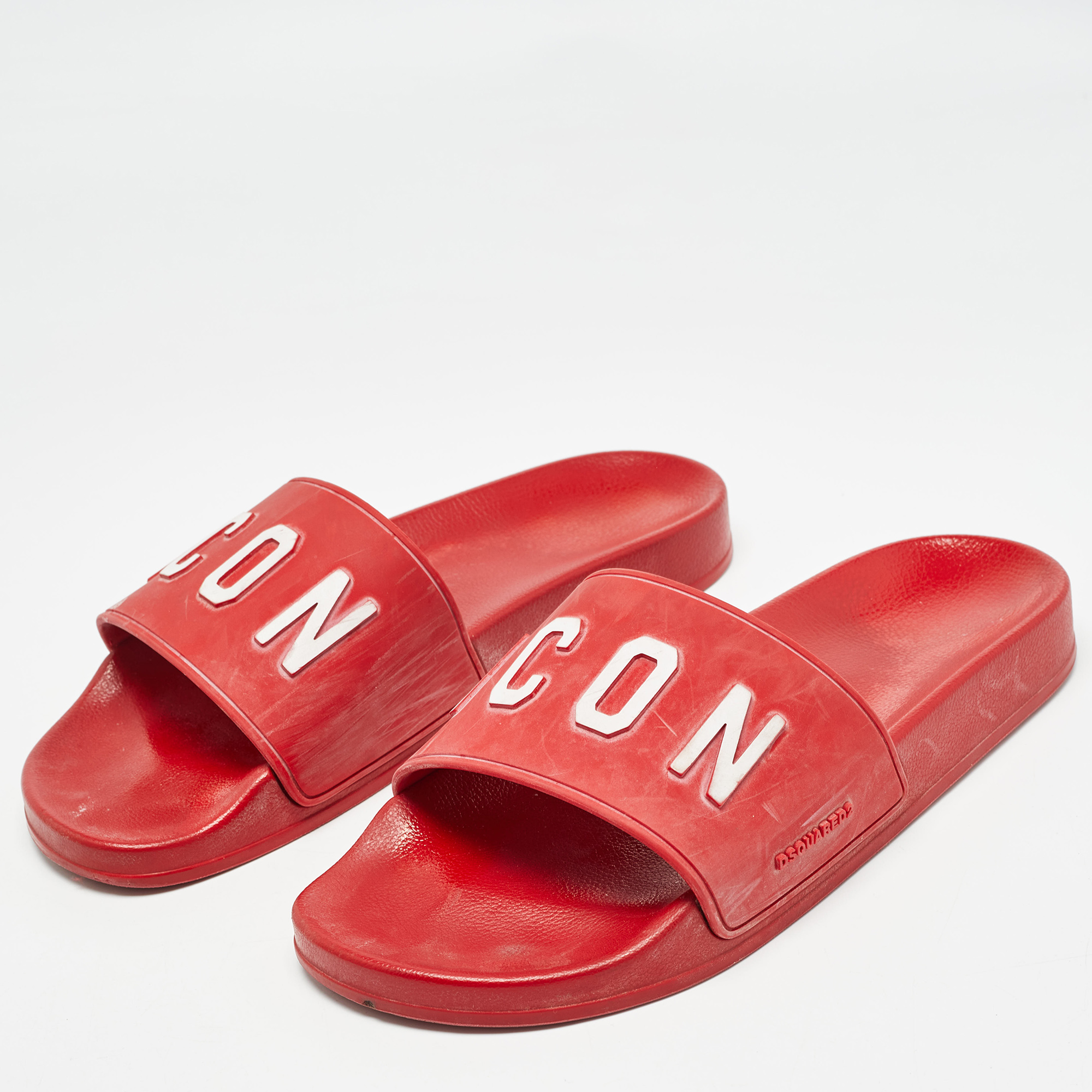 Dsquared Red Rubber Icon Embossed Beach Slides Size 41