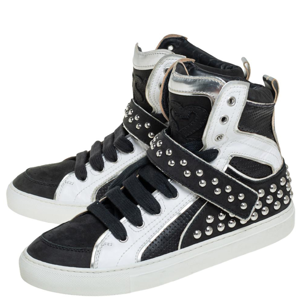 Dsquared2 Black/White Leather And Nubuck Studded High Top Sneakers Size 41