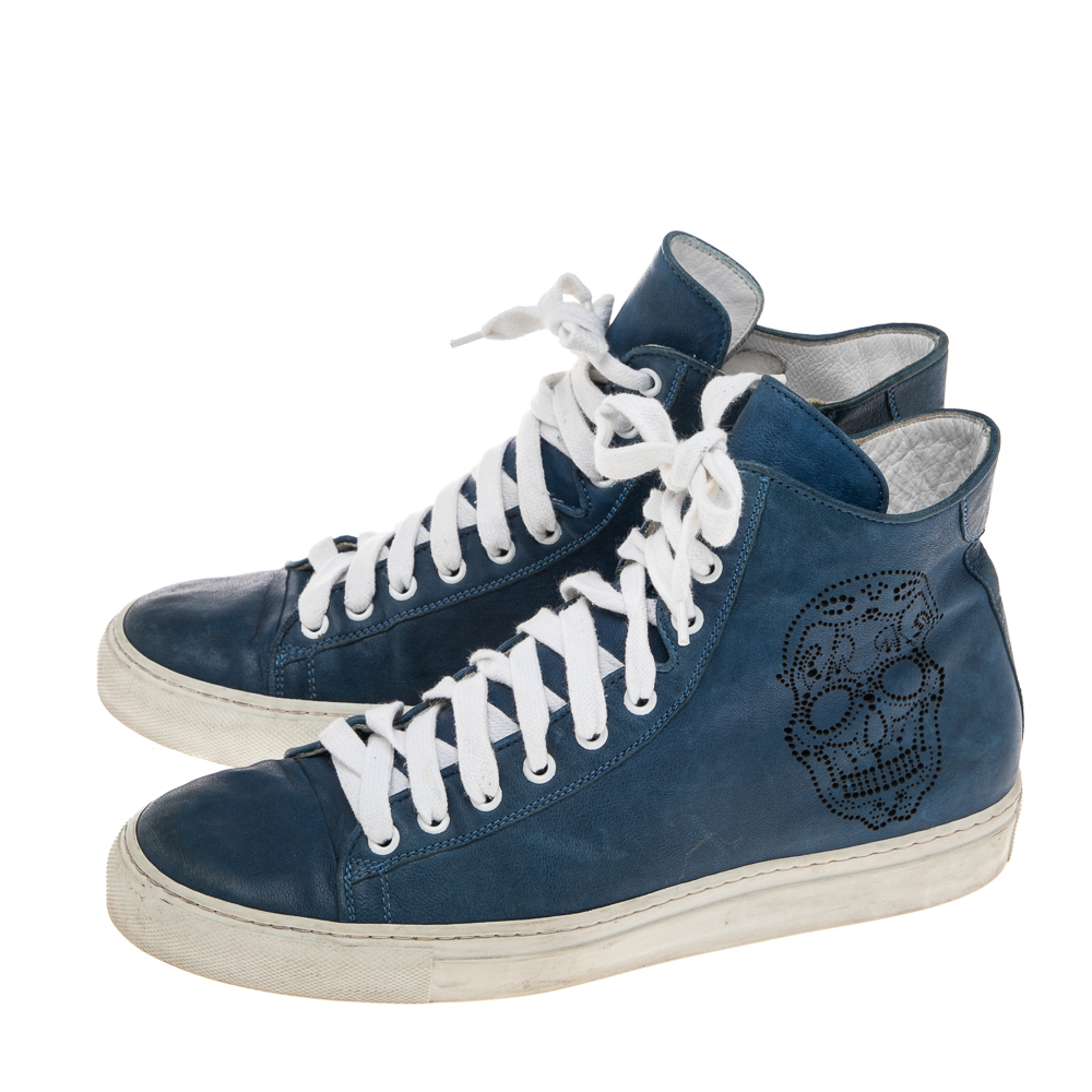 DSquared Blue Leather Perforated Skull High Top Sneakers Size 41