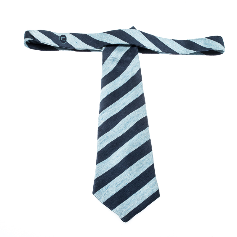 Dunhill Blue Silk Linen Striped Denim Pattern Tie