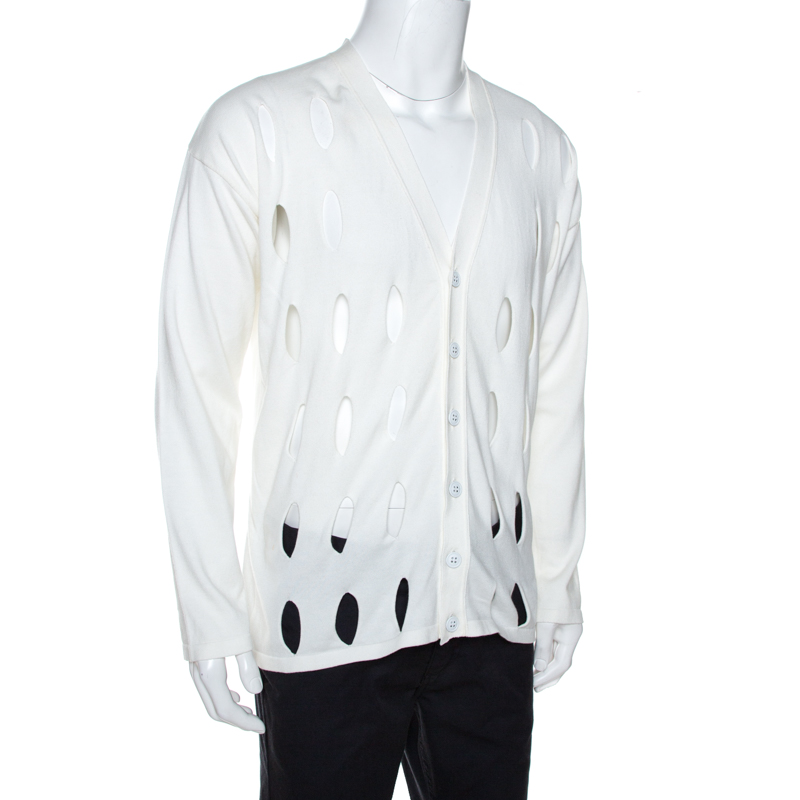 

Emporio Armani Off White Cotton Cutout Detail Cardigan