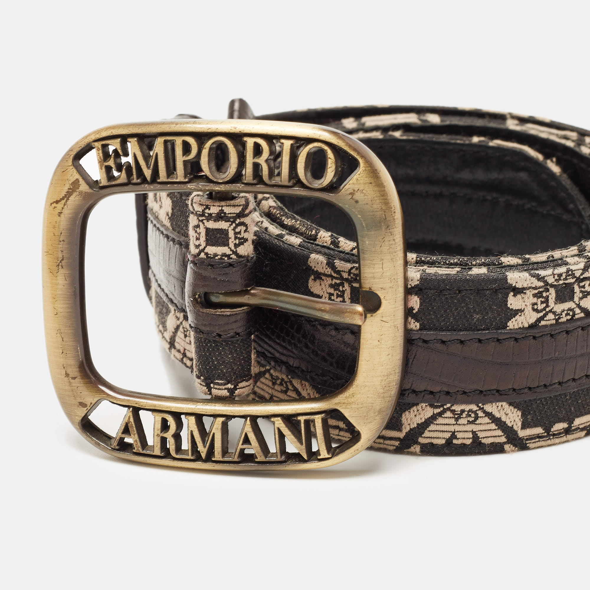 Emporio Armani Black/White Canvas And Lizard Embossed Leather Logo Buckle Belt 100 CM