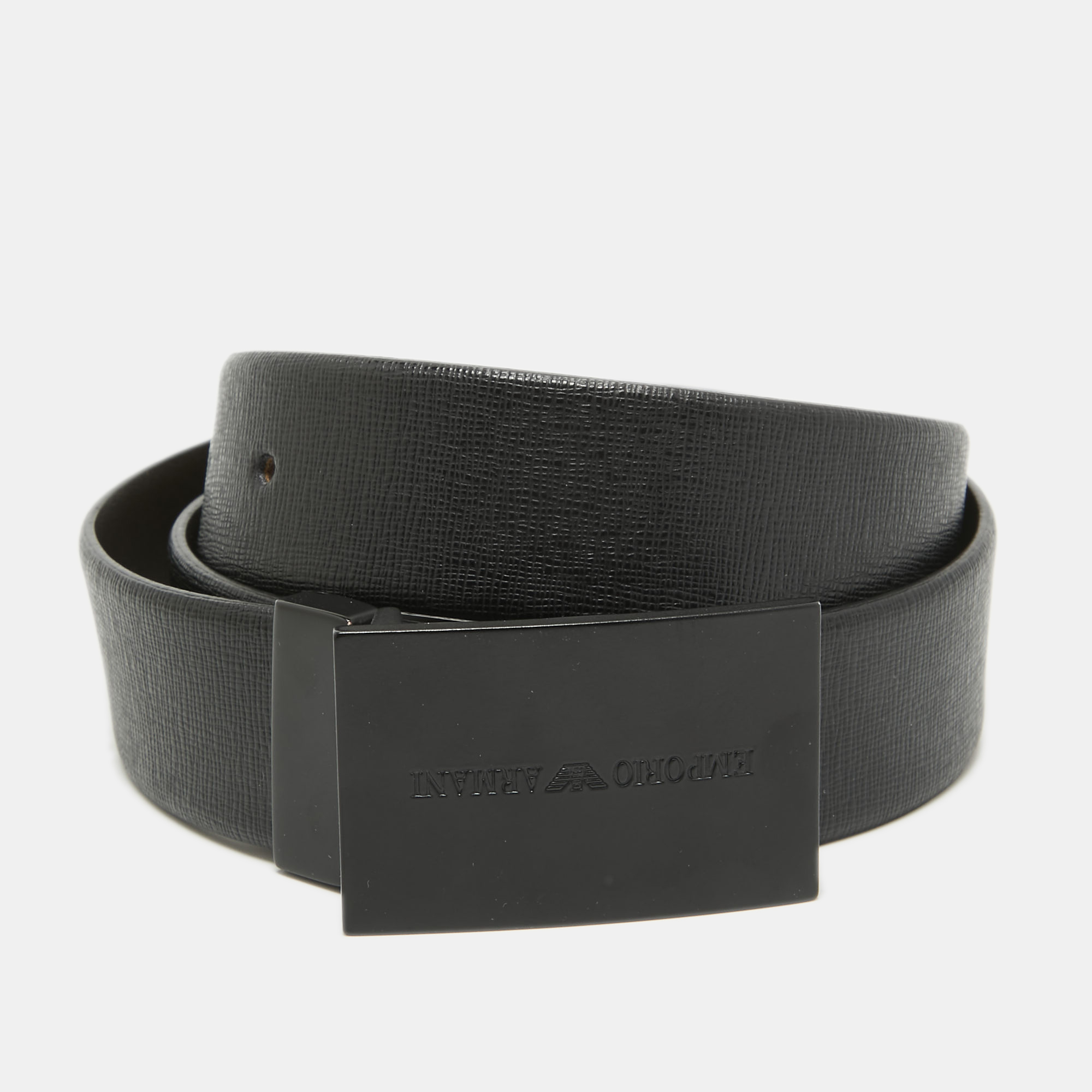 Emporio Armani Black/Choco Brown Leather Reversible Cut To Size Buckle Belt