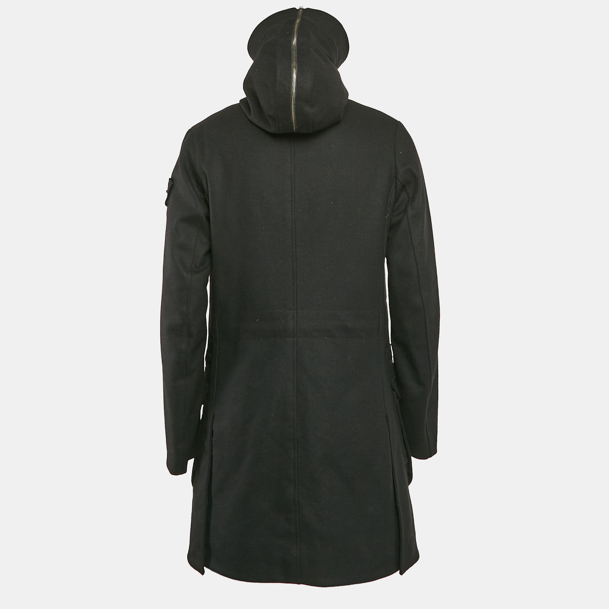 Emporio Armani Black Wool Zip-Up Hooded Long Coat M