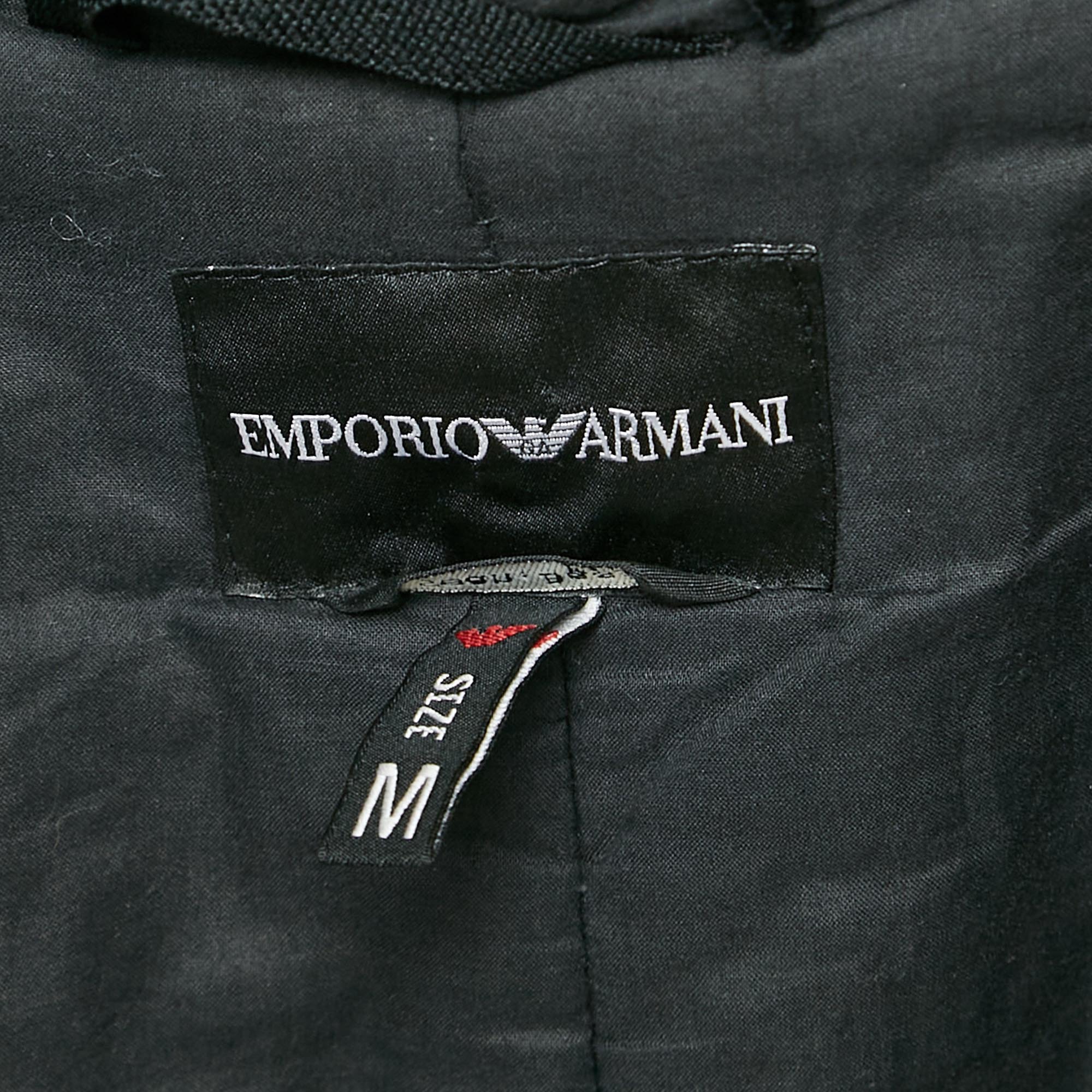 Emporio Armani Black Wool Zip-Up Hooded Long Coat M